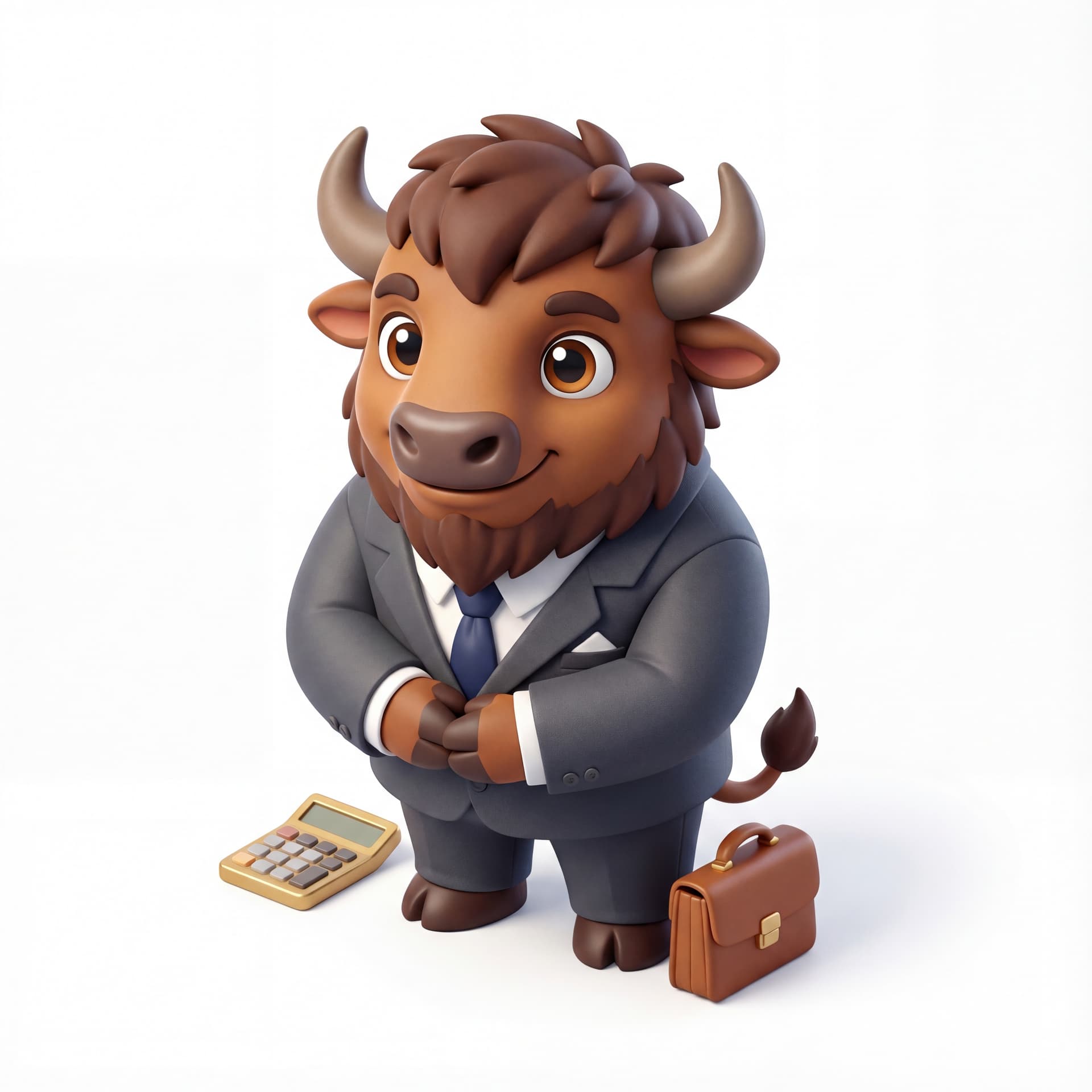 A cute cartoon bison mascot character dressed as a financial advisor, wearing a business suit and tie, full body, front-facing, rounded proportions, big expressive eyes, soft shading, confident trustworthy smile, centered composition, isolated on a white background.