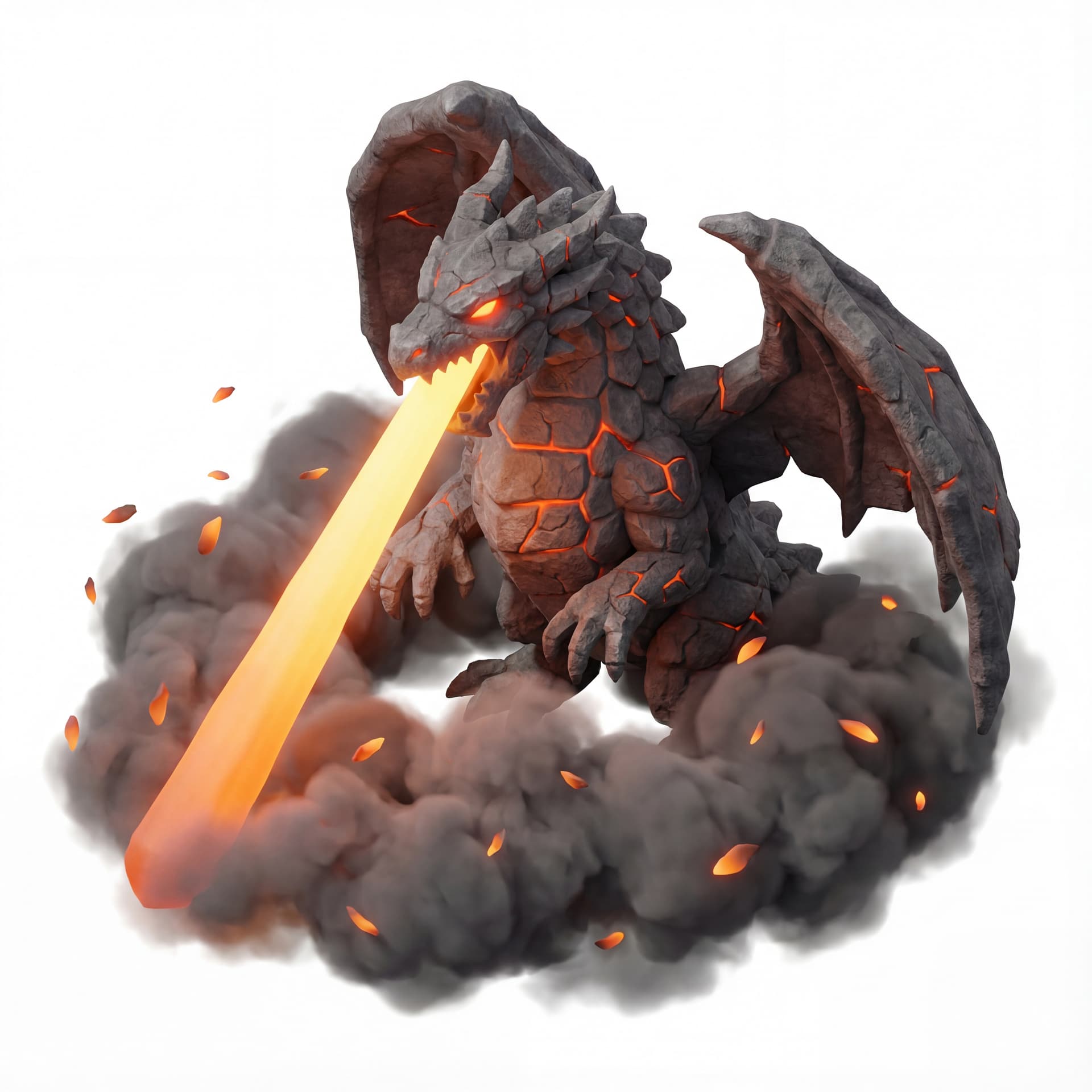 An isometric dragon with charcoal stone scales and cracked surface texture roaring aggressively while blasting a beam, surrounded by thick ash clouds and glowing ember flakes.