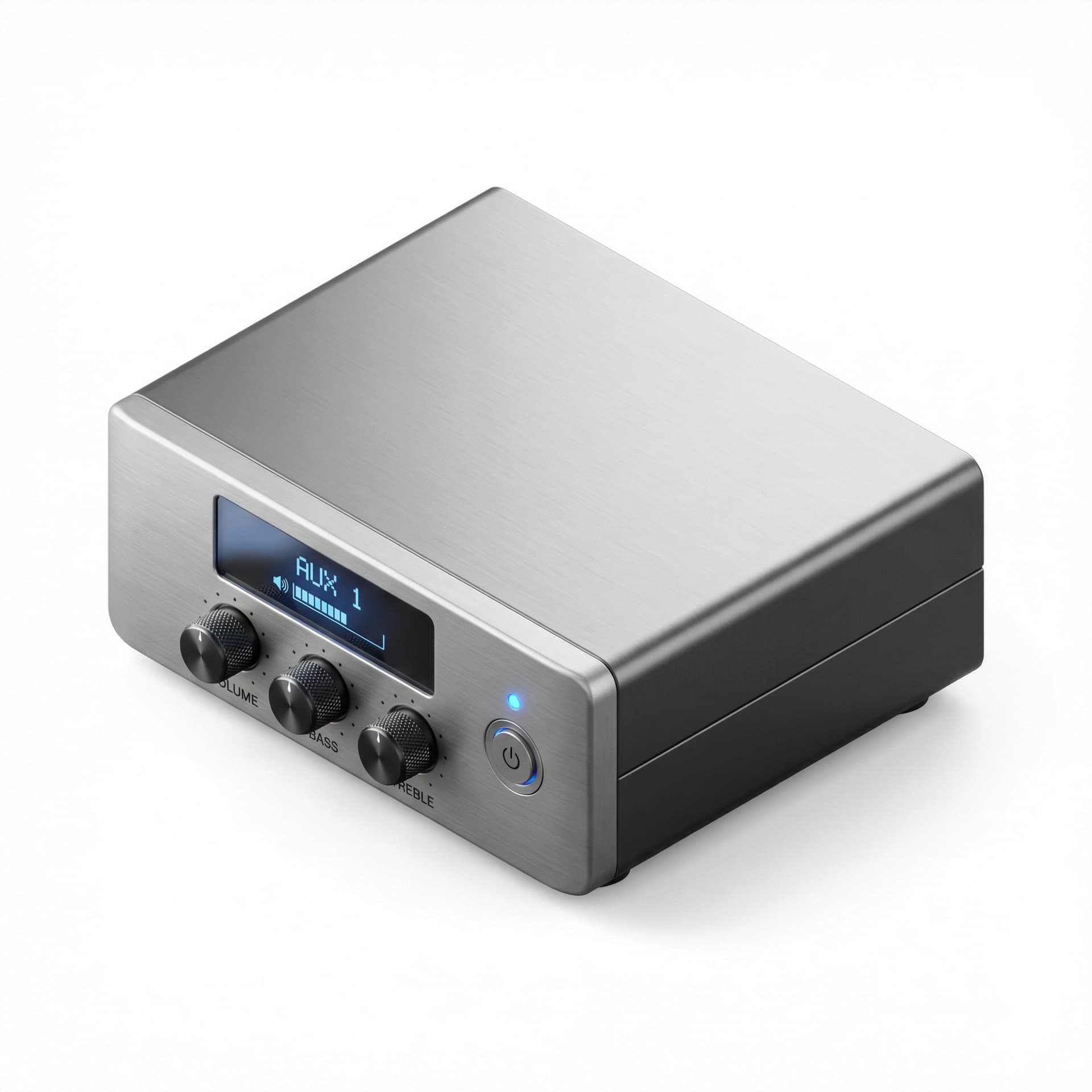 isometric icon, amplifier with small digital screen and 3 small knobs and a power button