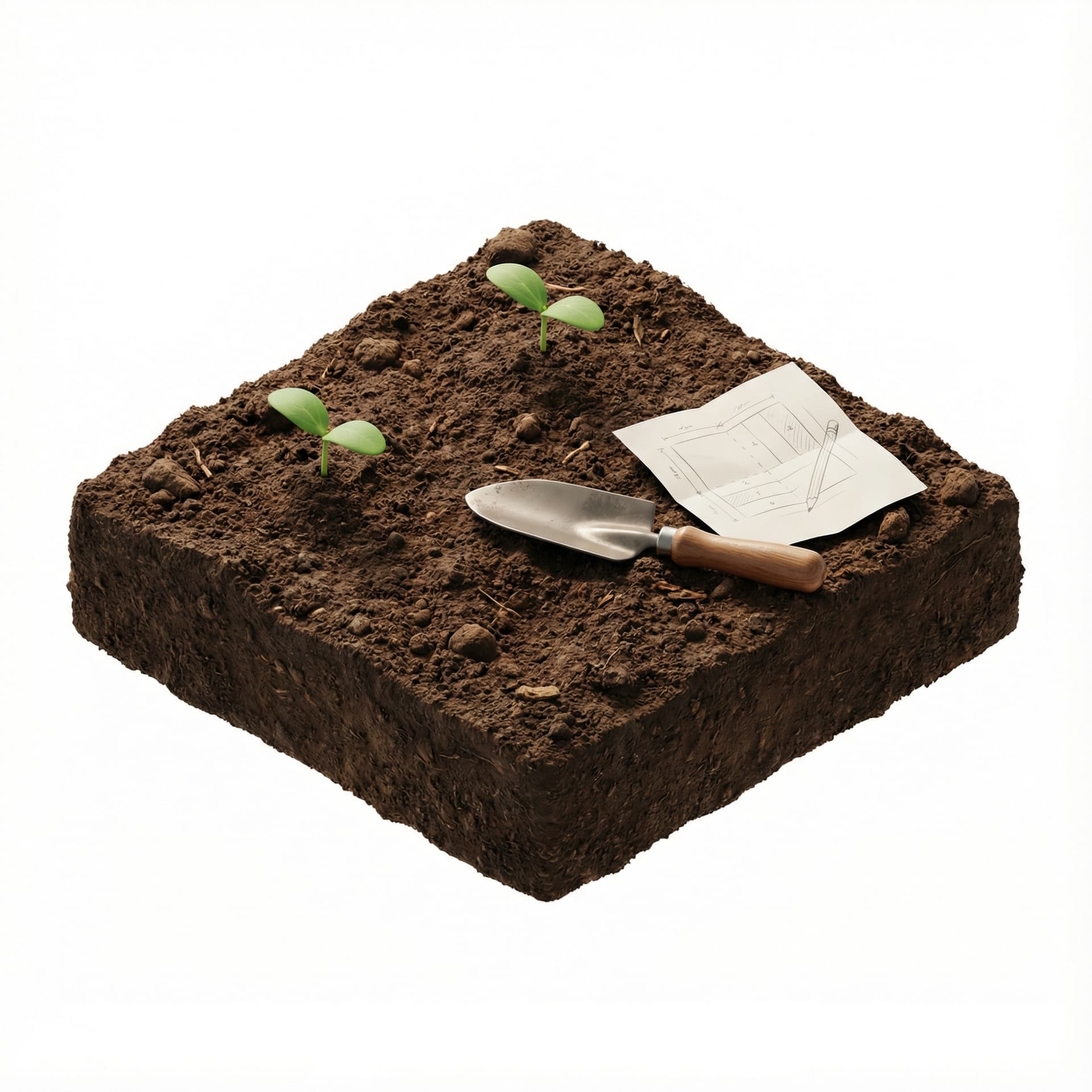 Isometric soil tile with two generic seedlings planted randomly, accompanied by a manual shovel and a paper planting sketch. Basic tools only.