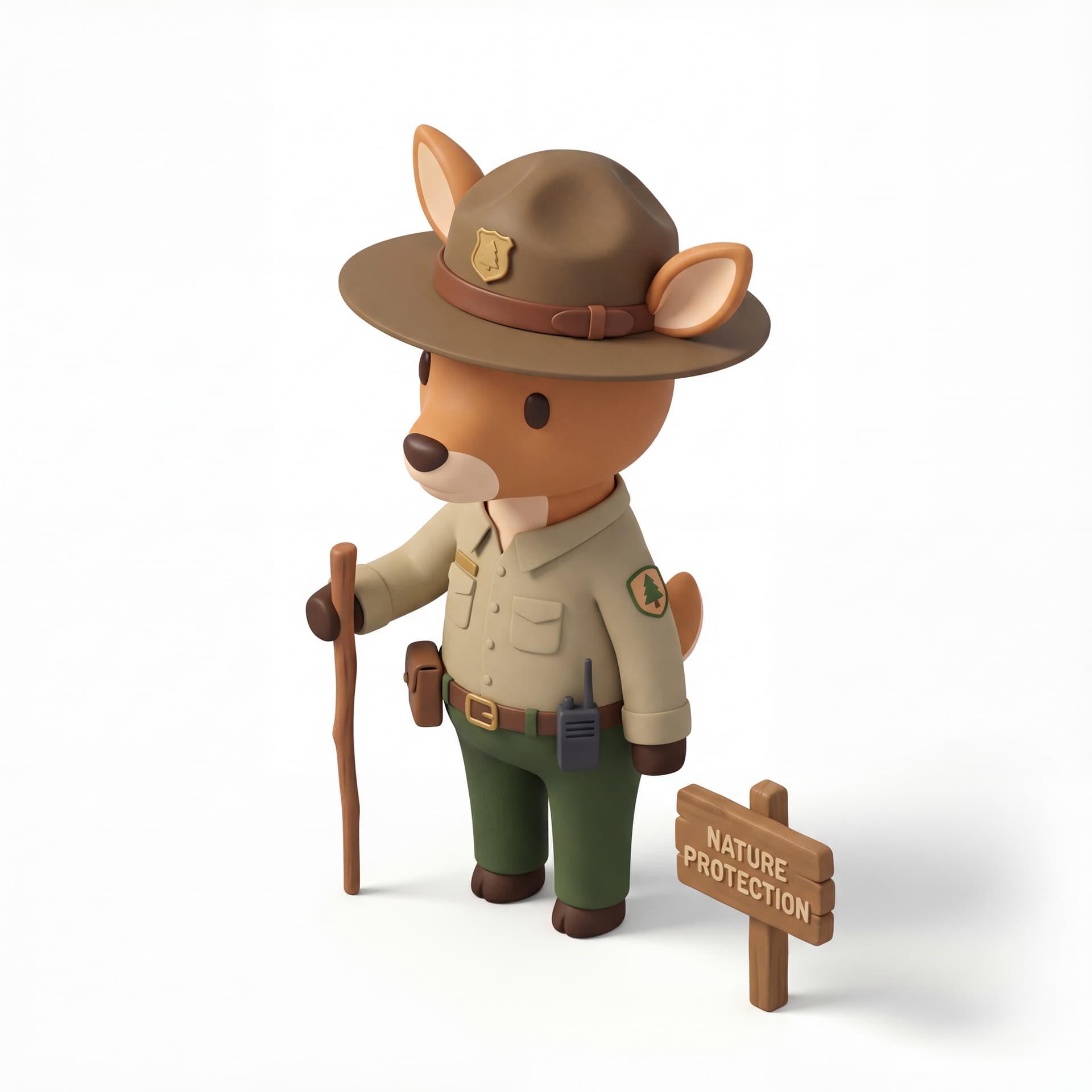 A cute cartoon illustration of a deer park ranger wearing a uniform and hat, nature protection profession theme, isolated on a white background.