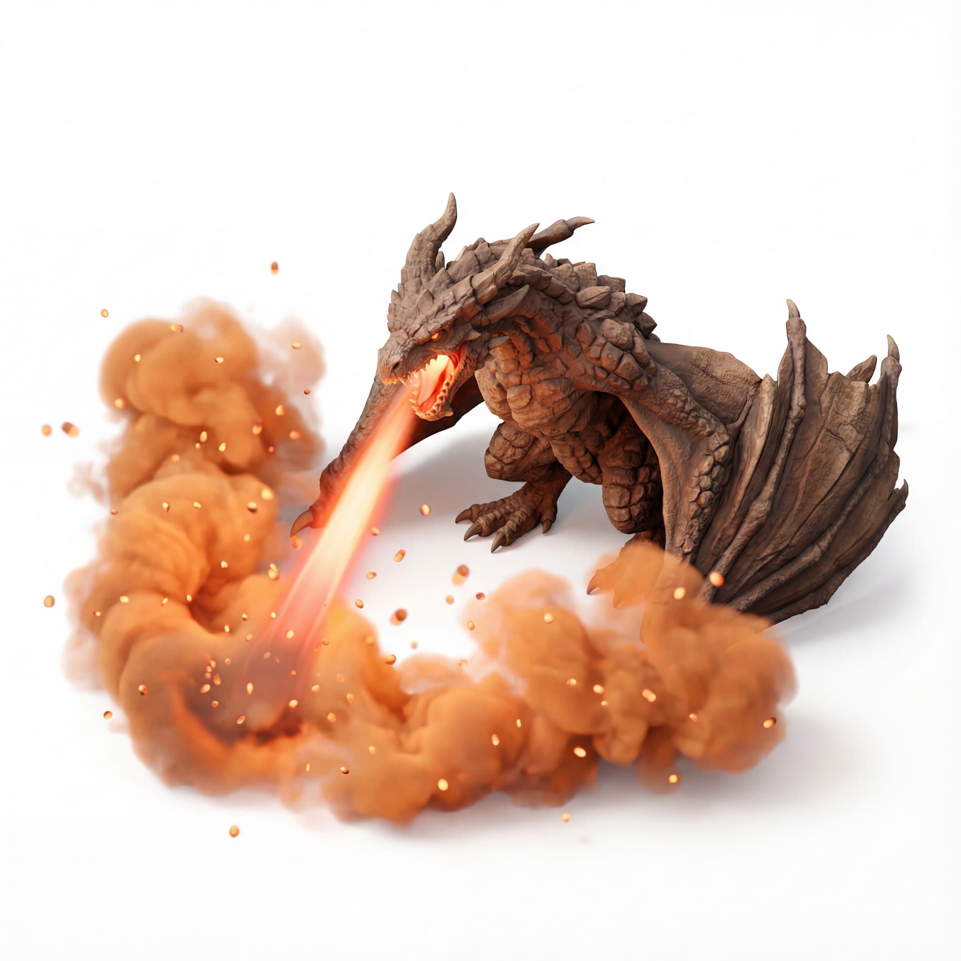 An isometric dragon with brown rocky scales roaring downward while blasting a beam, surrounded by orange fire smoke and floating ember particles.