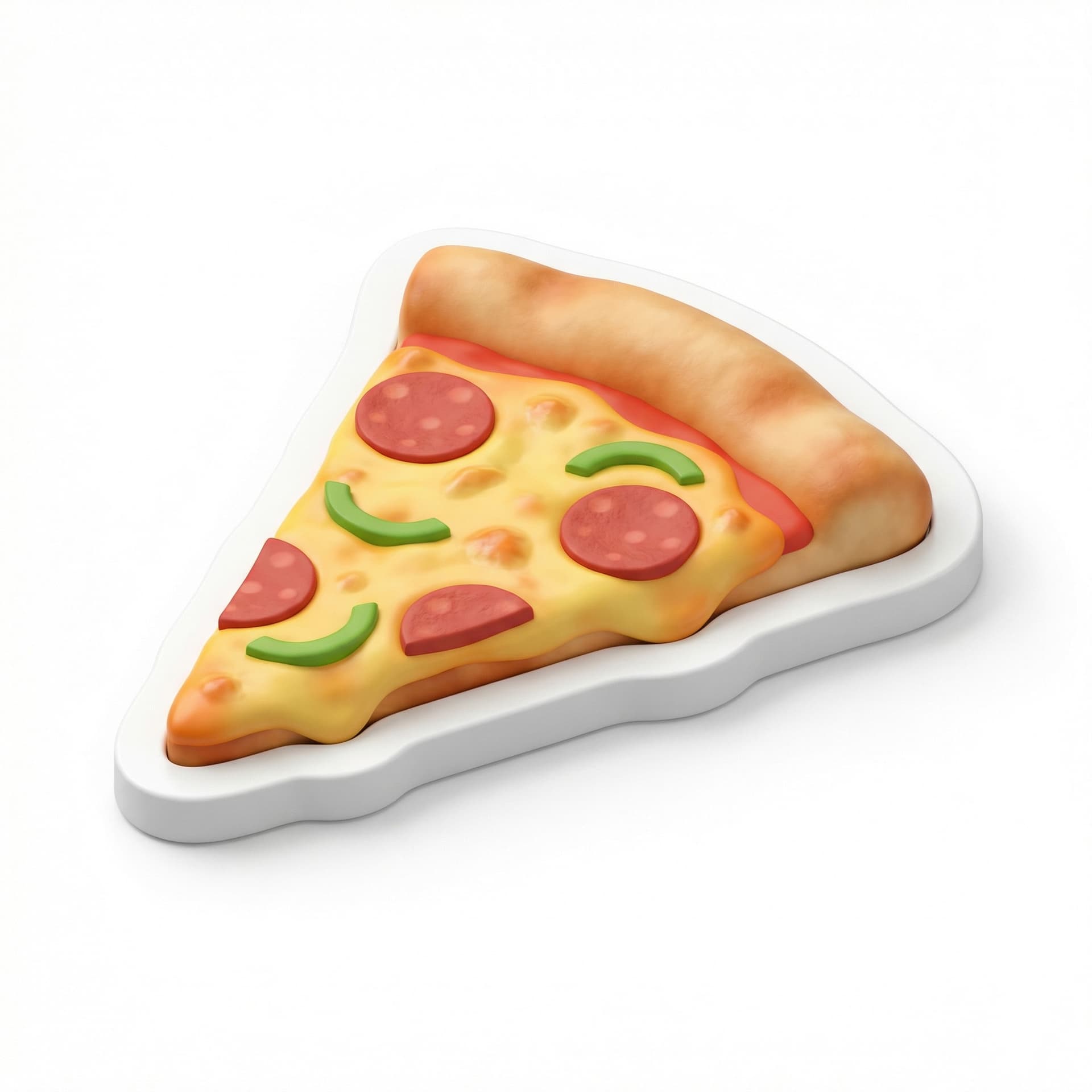 Isometric icon of a pizza slice, sticker art style, thick white border, vector illustration, flat vibrant colors, die-cut design,