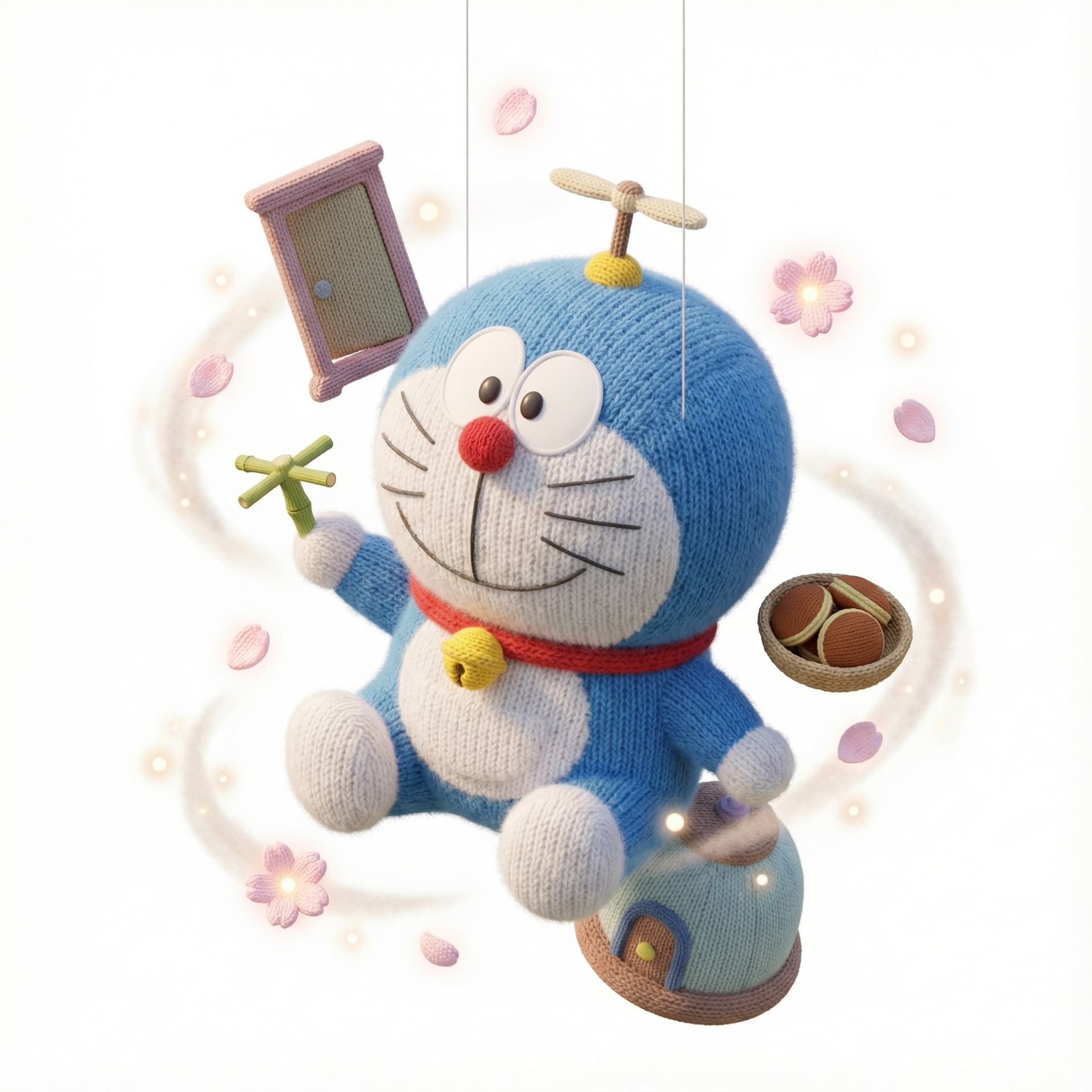 a suspended, adorable knitting stylized vignette of Doraemon, higlighting its legendary signature moments. Amplify the mood through environmental effects and atmospheric conditions.