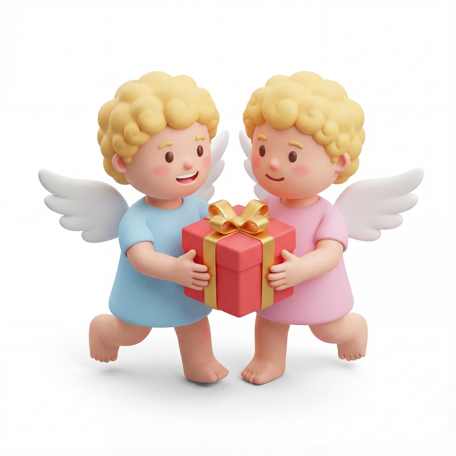 A full-body portrait of a cute couple of Cupid characters walking forward together while carrying a gift box between them, cooperative posture, smiling expressions, isolated on a white background.