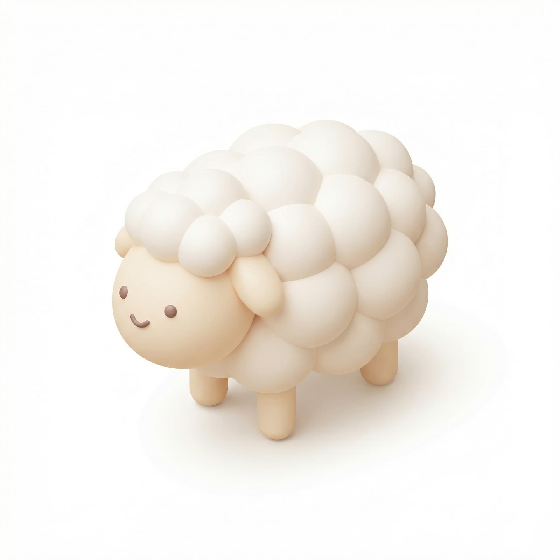 Isometric 3D icon of a sheep. Cute and friendly sheep with fluffy wool texture, rounded body, short legs, and a simple face. Light cream and white color palette. Soft pastel tones, smooth plastic-like material, minimal detail, no fur realism. Clean geometric shapes, balanced proportions. Isometric perspective, centered composition, white background, simple icon style.