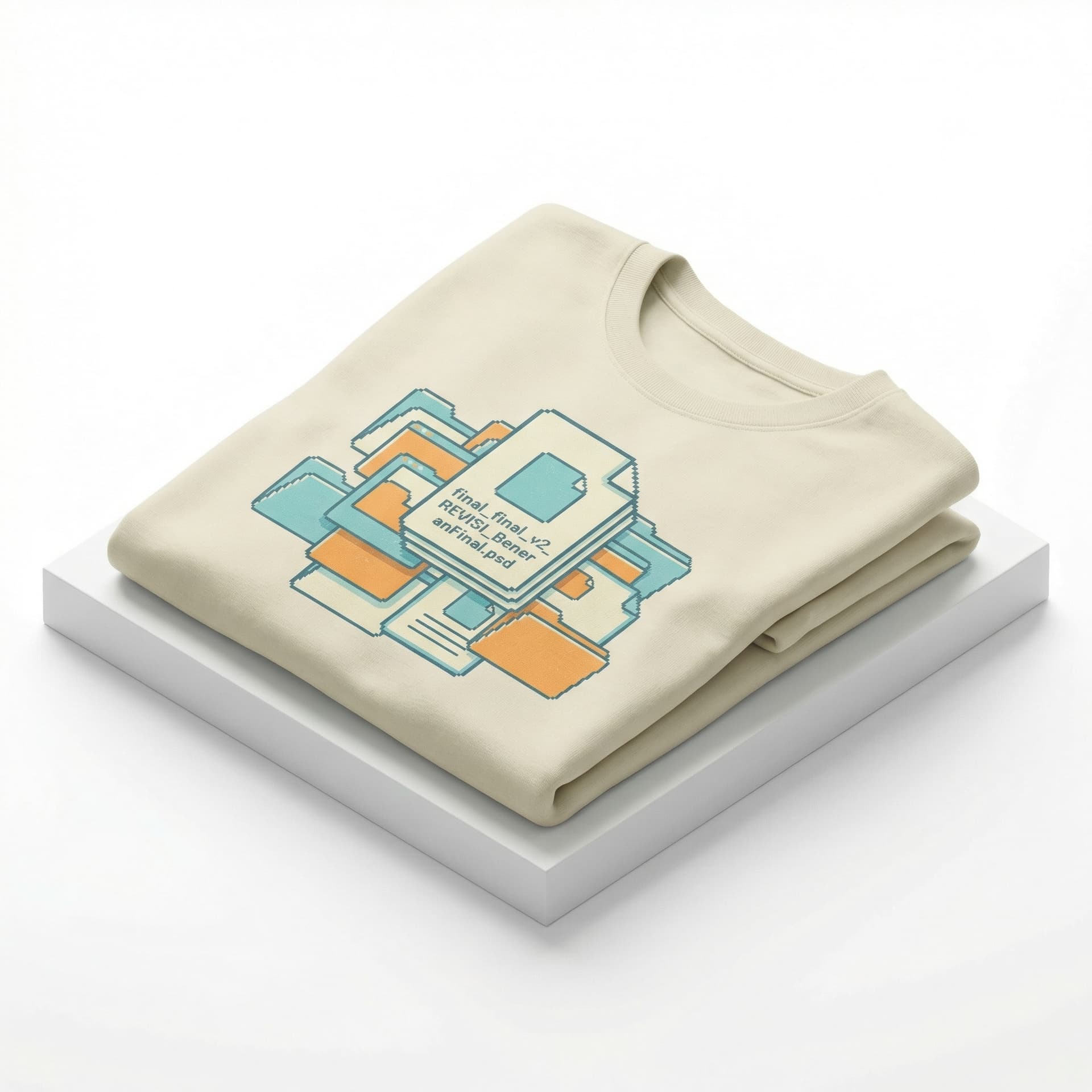 t-shirt graphic design, isometric illustration style, retro-tech aesthetic. A chaotic pile of stacked digital folder icons and file icons on a cluttered desktop surface. The topmost file icon explicitly has the text "final_final_v2_REVISI_BeneranFinal.psd". The color palette is muted cyan, orange, and cream. Vector art style, clean lines, screen print texture. --ar 1:1