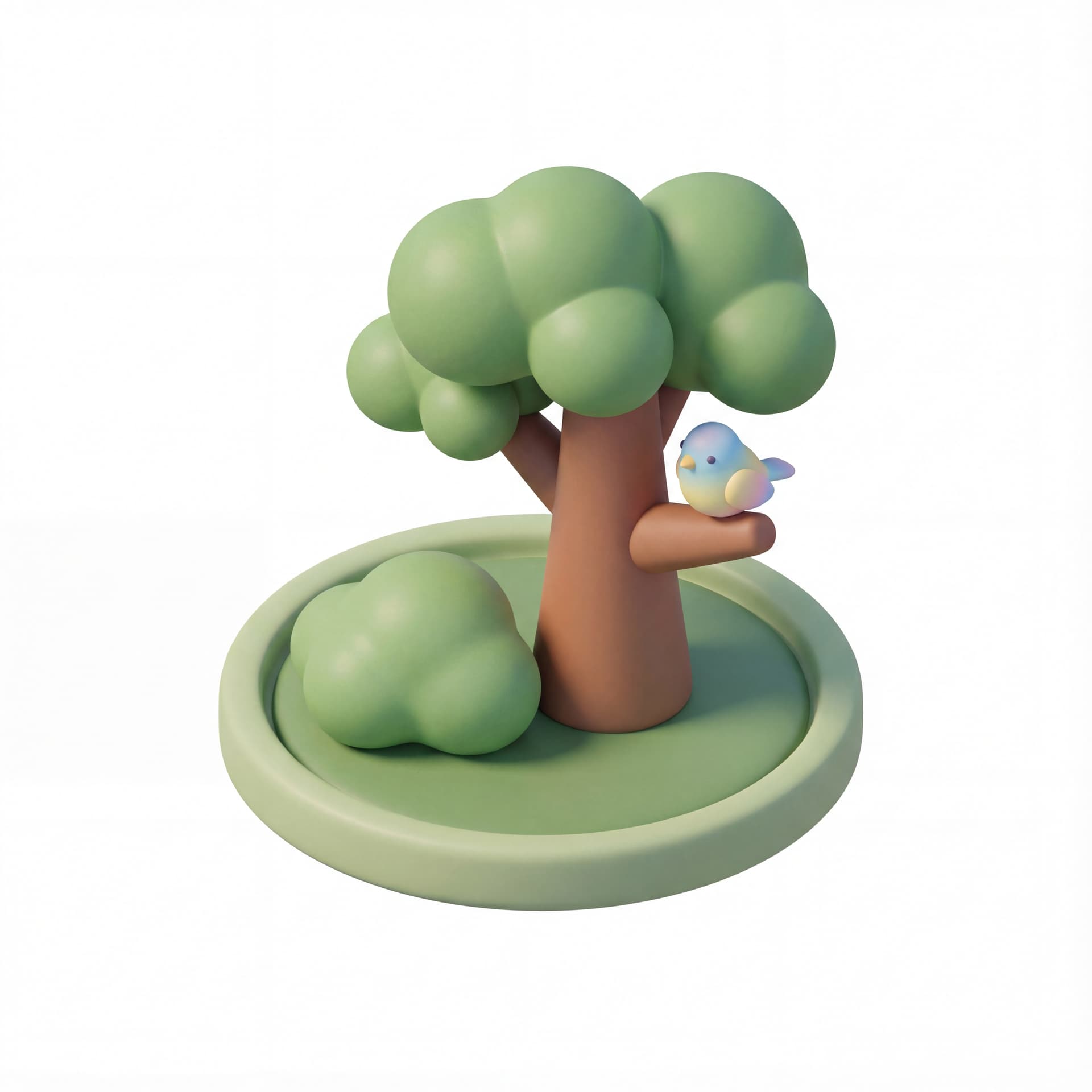 Cute chubby 3D isometric biodiversity icon, featuring a mini tropical forest with one small tree, a little bush, and a tiny colorful bird perched above, soft lighting, simple shapes, minimal details, clean smooth materials, pastel colors, no text, white background, modern minimalist eco style.