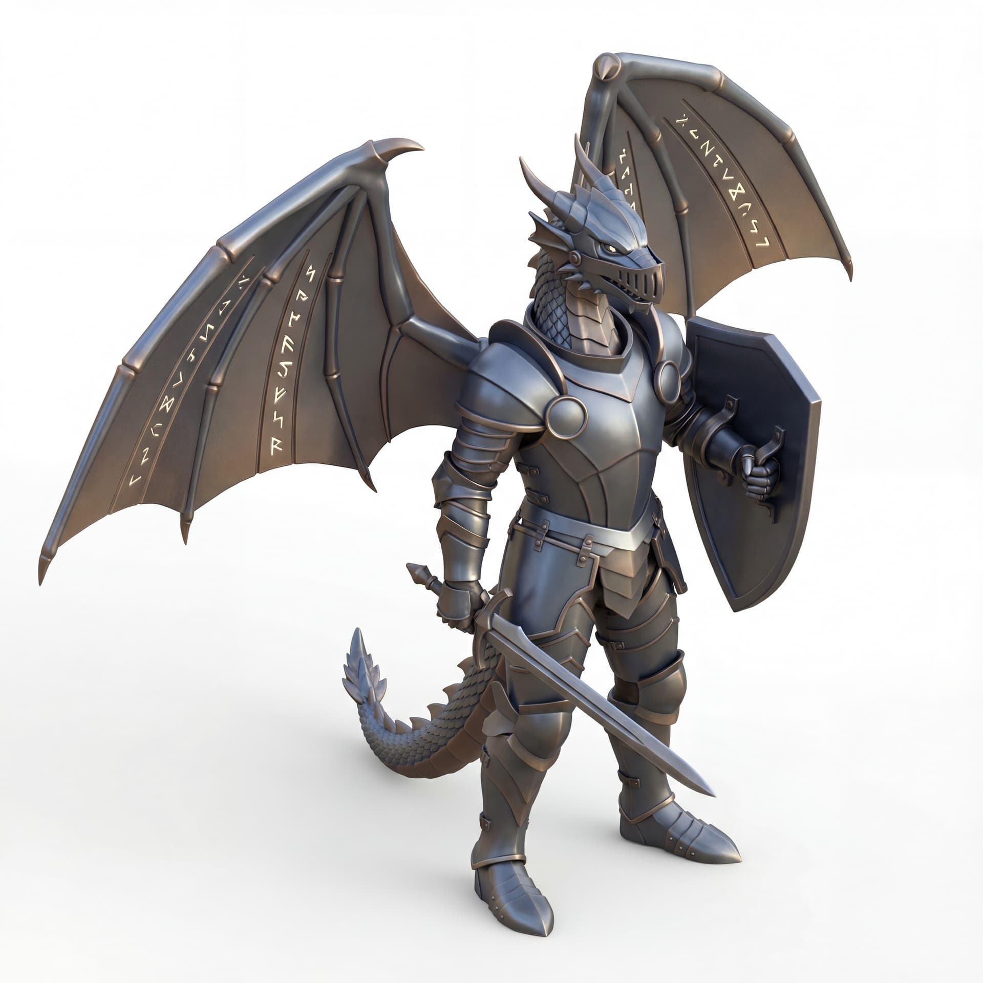armored knight-dragon hybrid with polished plate armor, broad metallic wings, and a tall defensive posture.