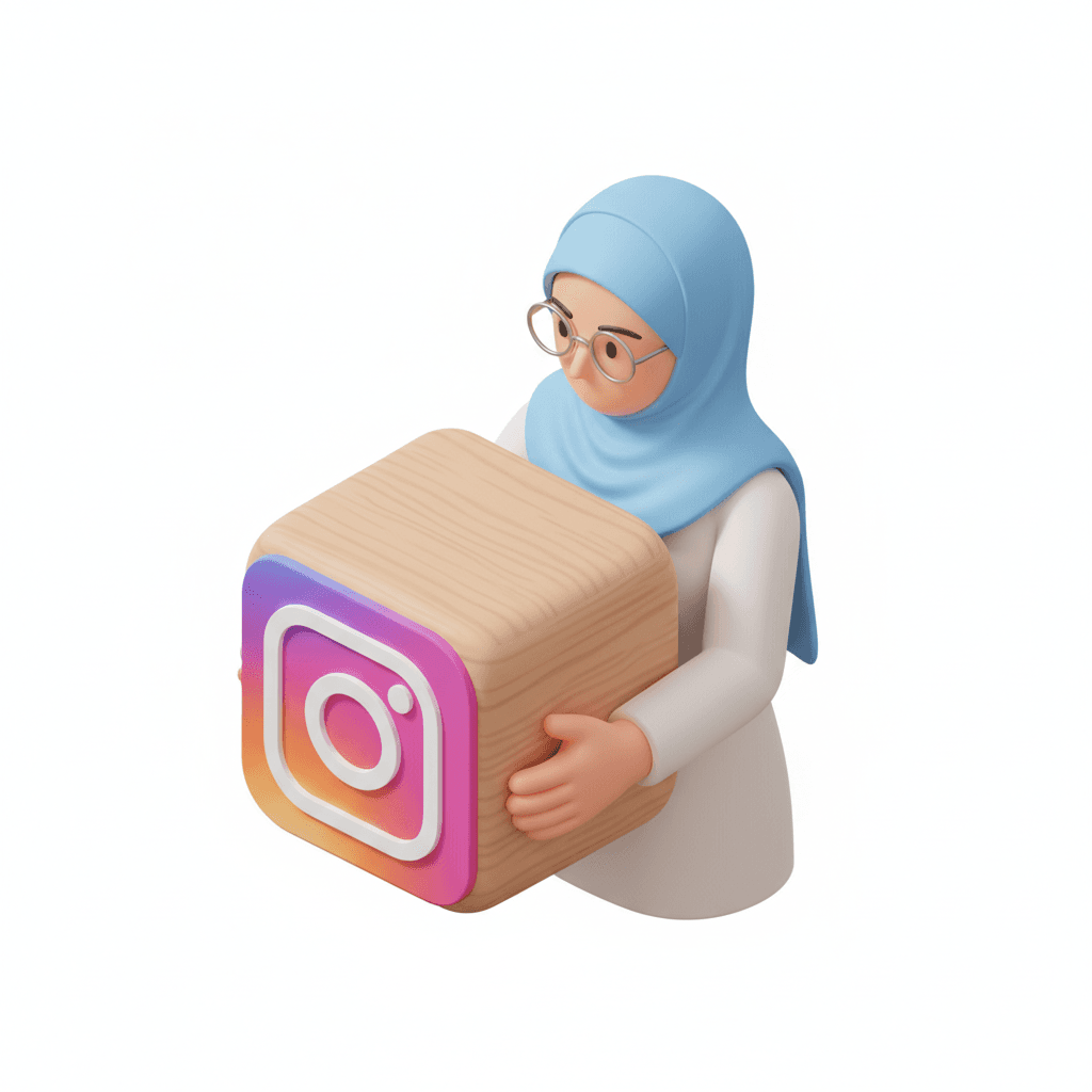 A woman wearing a hijab and glasses is holding an Instagram icon in the shape of a wooden block.