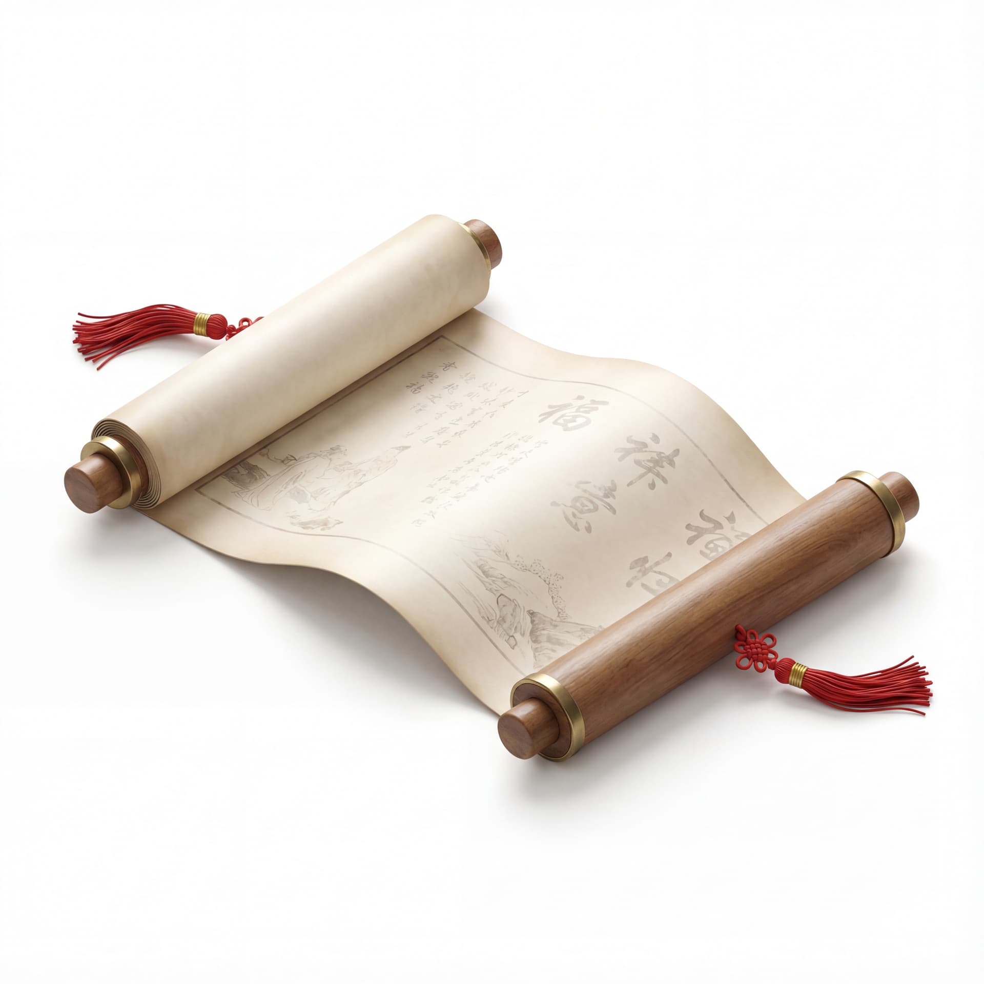 A fortune scroll icon shown partially unrolled, cylindrical ends visible on both sides, smooth paper surface, centered composition, isolated on a white background.