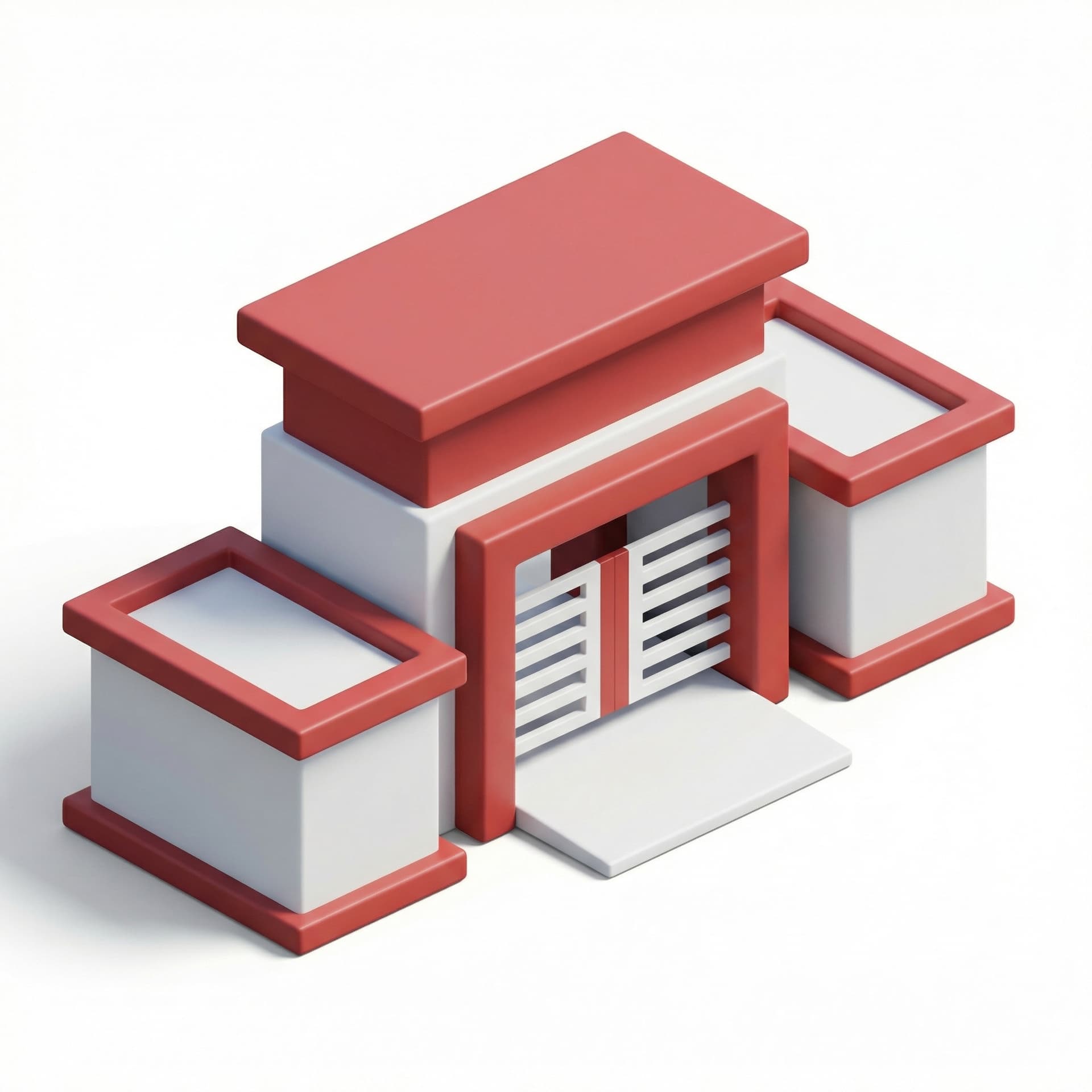 Simple flat illustration of an industrial gate, central building with wide roofs on both sides, red and white color scheme, minimal shapes, clean lines, abstract style