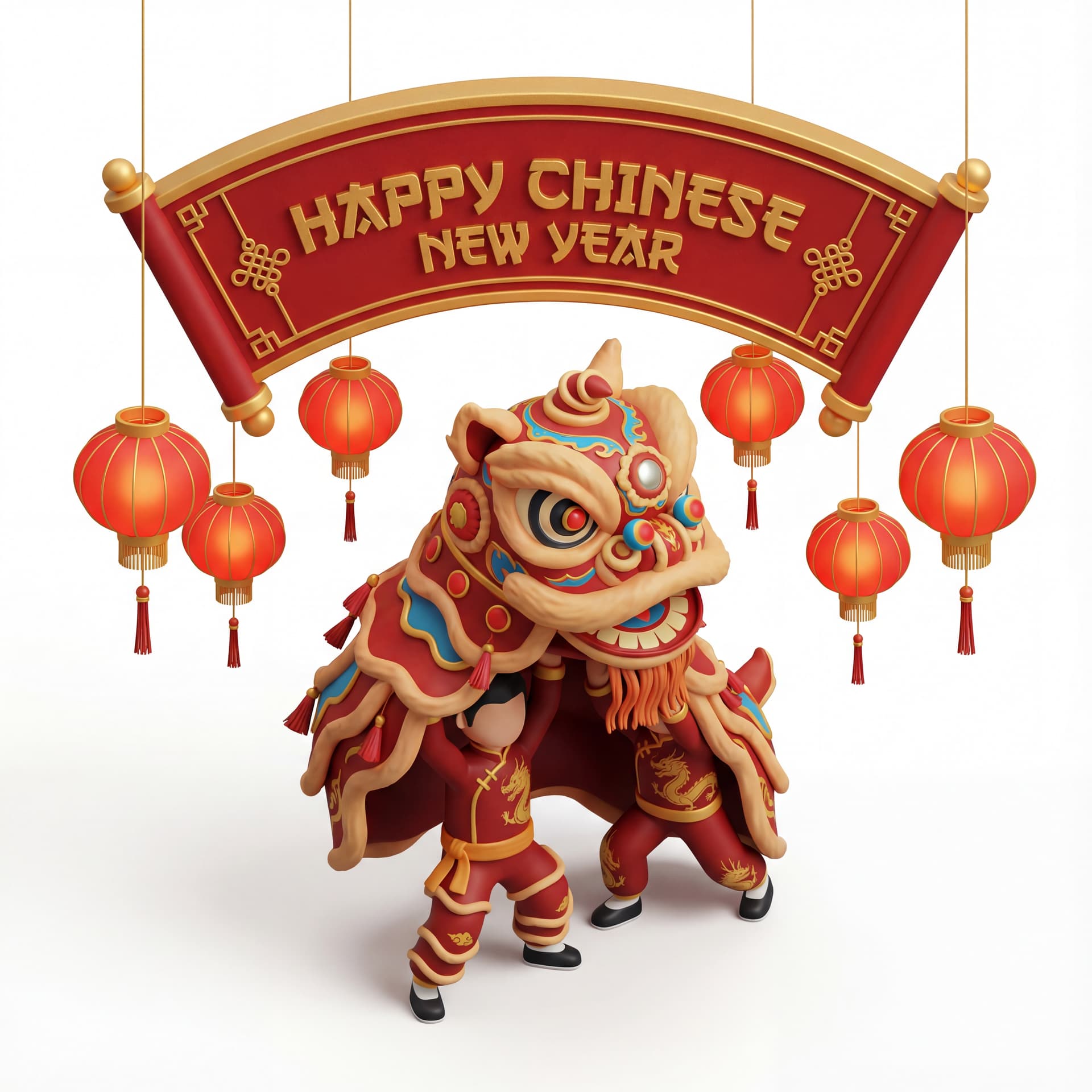 A full-body portrait of a traditional Chinese lion dance figure in a celebratory stance, with the text “Happy Chinese New Year” integrated into a curved decorative banner above, accompanied by hanging lantern elements, isolated on a white background.