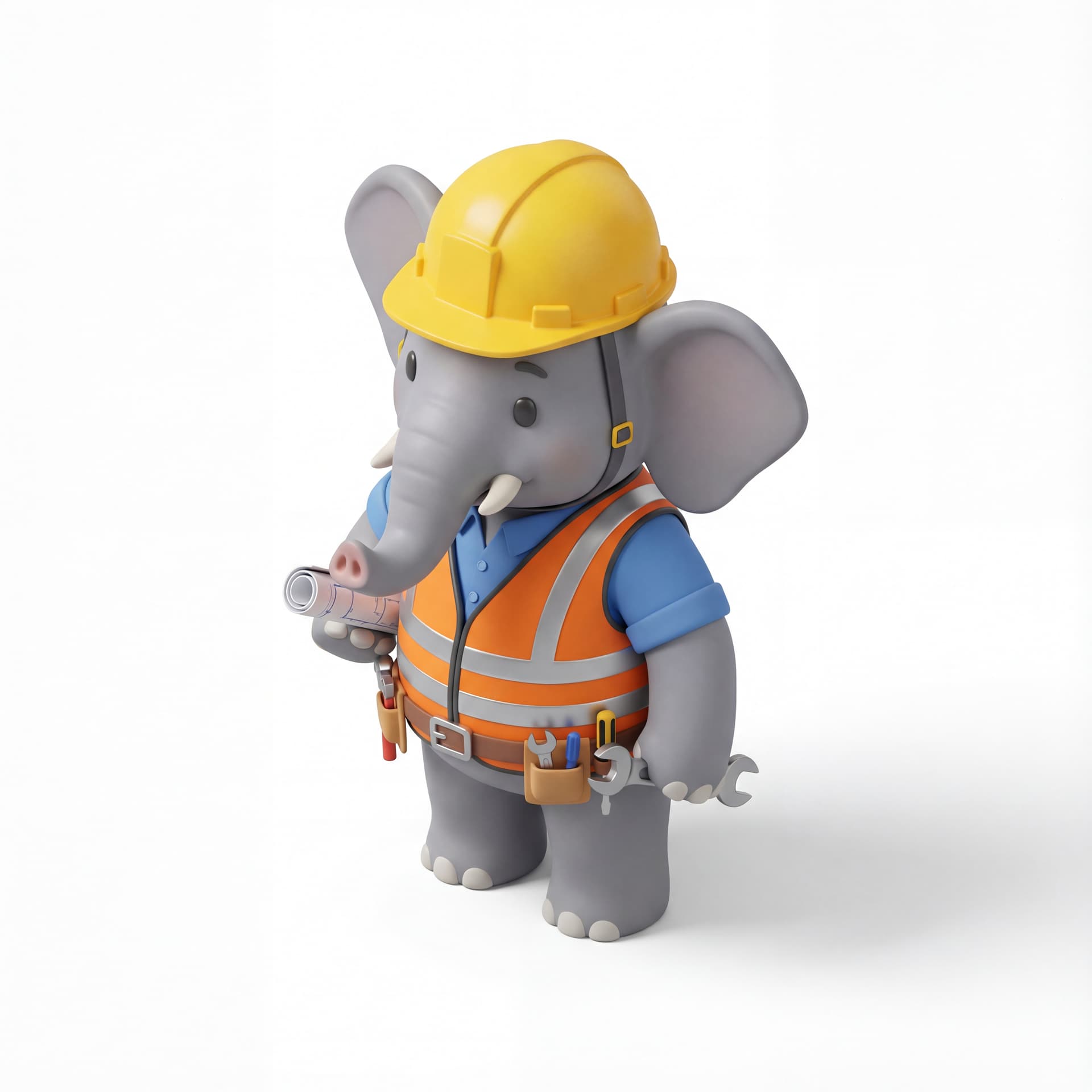 A cute cartoon illustration of an elephant construction worker wearing a safety helmet and reflective vest, professional work theme, isolated on a white background.