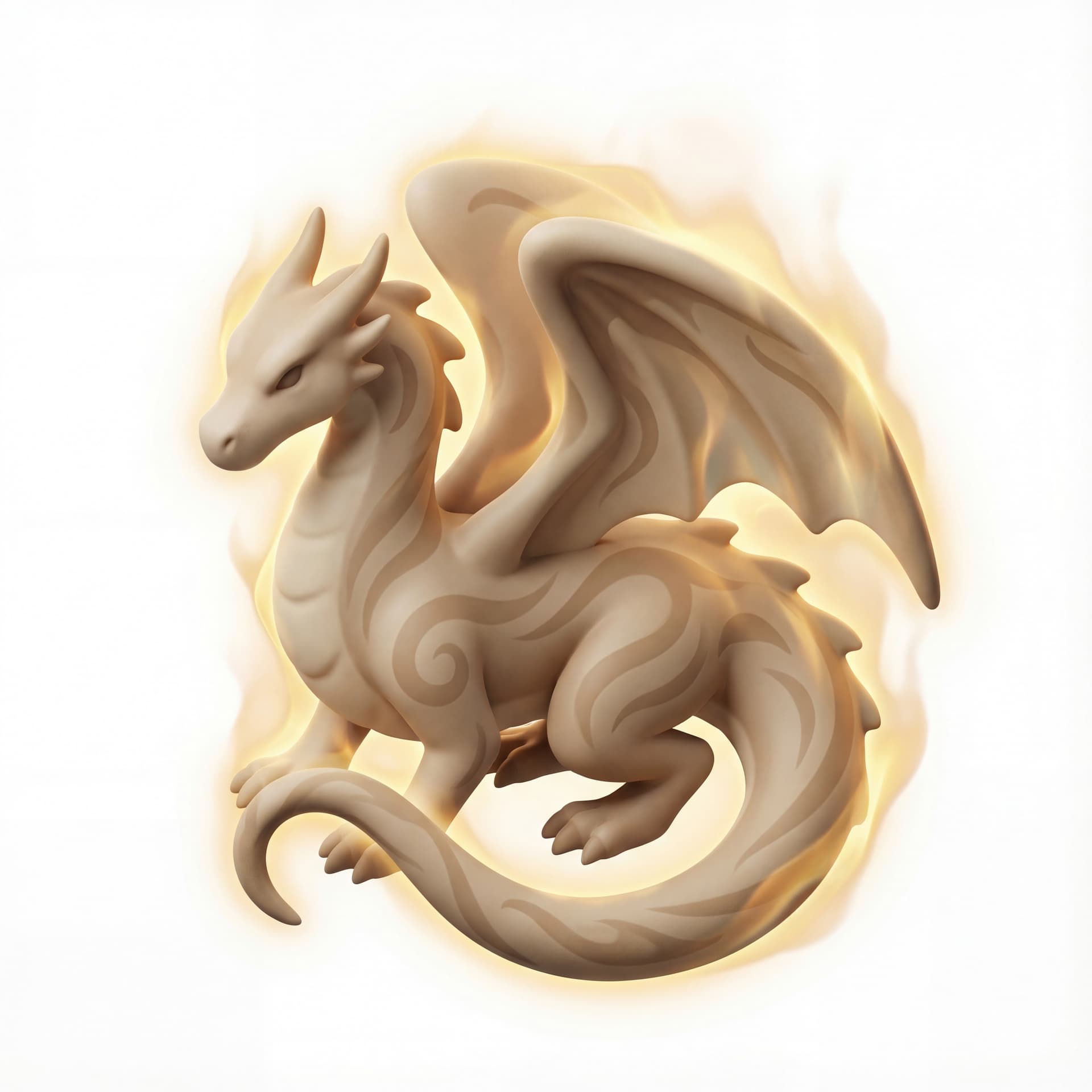 An isometric dragon with dust-beige hide and dune swirl marks surrounded by a gold heat aura symbolizing resilience.