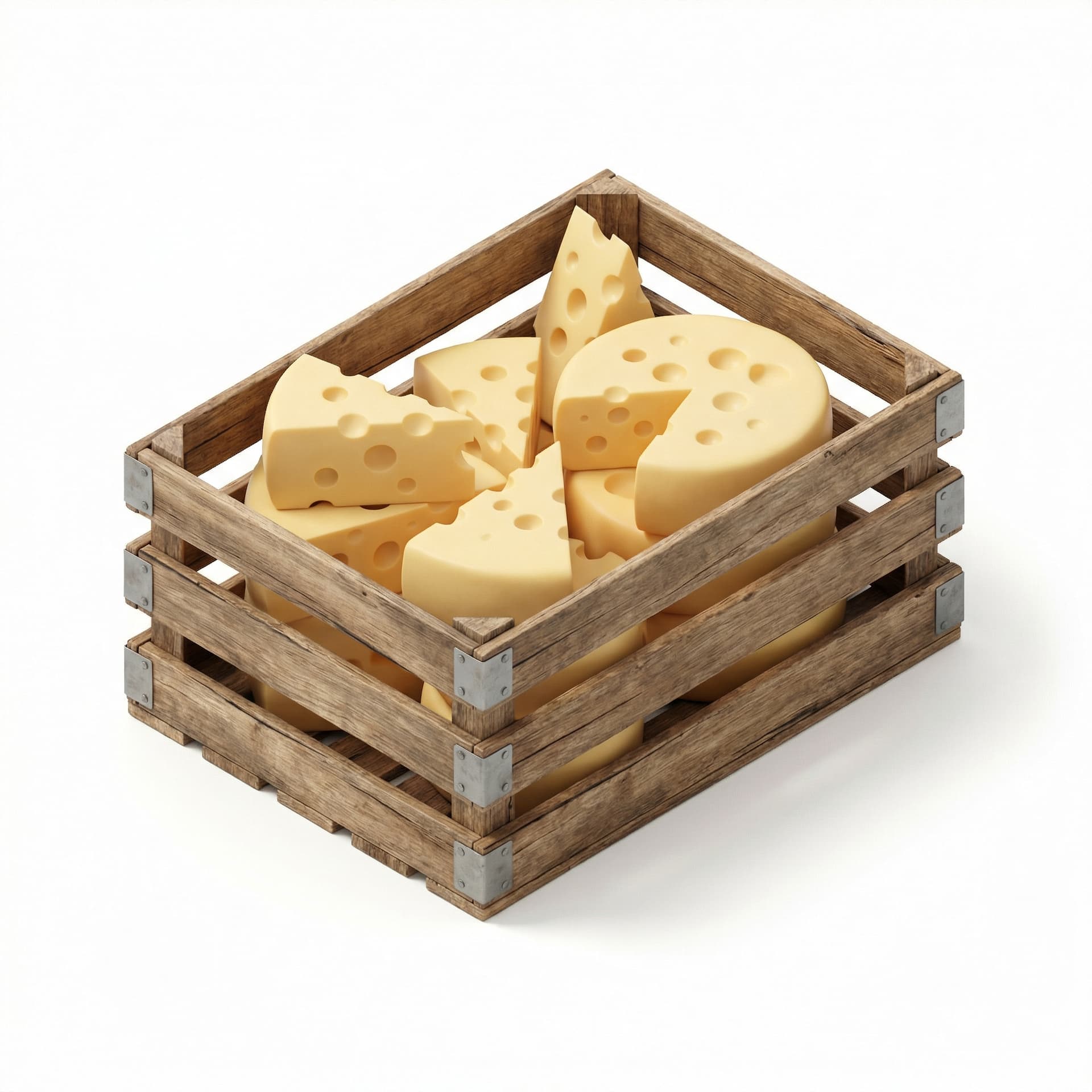 a wooden box crate filled with stereotypical looking Swiss cheese