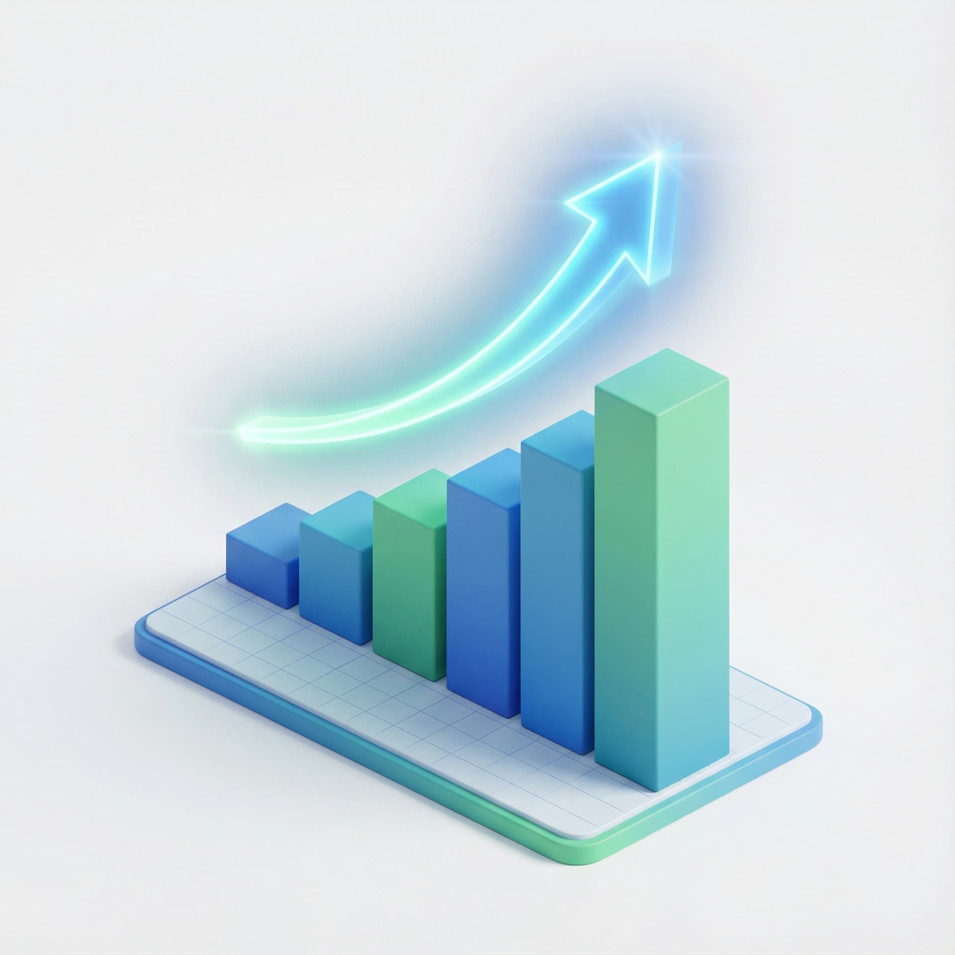 icon of an upward trending bar chart or growth graph with glowing arrow pointing up