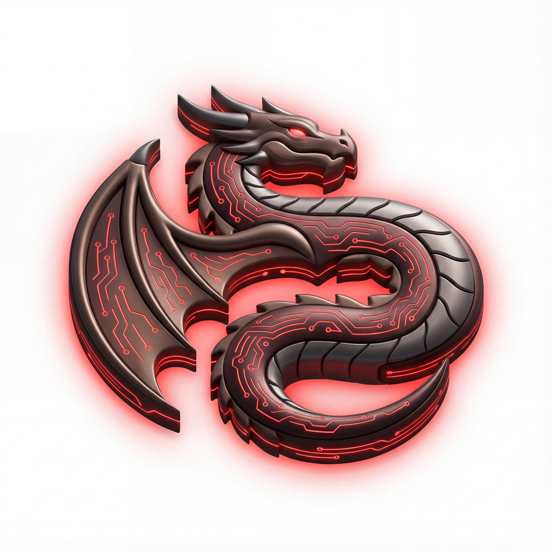 An isometric dragon marked with circuit runes radiating a thin red power glow symbolizing human ambition.