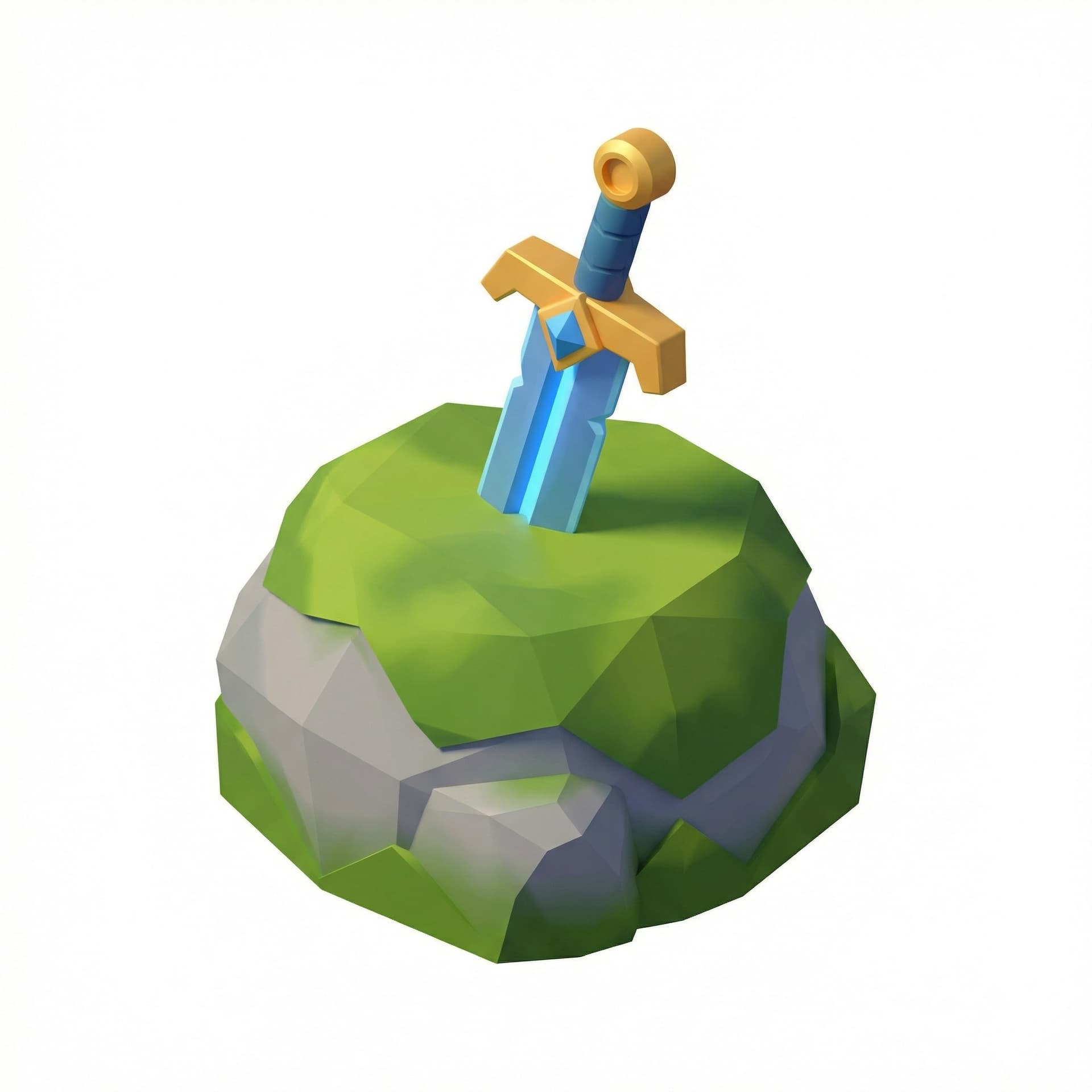 Isometric icon of a sword stuck in a stone, low poly 3D, fantasy game style, vibrant colors, simple geometry, solid background.