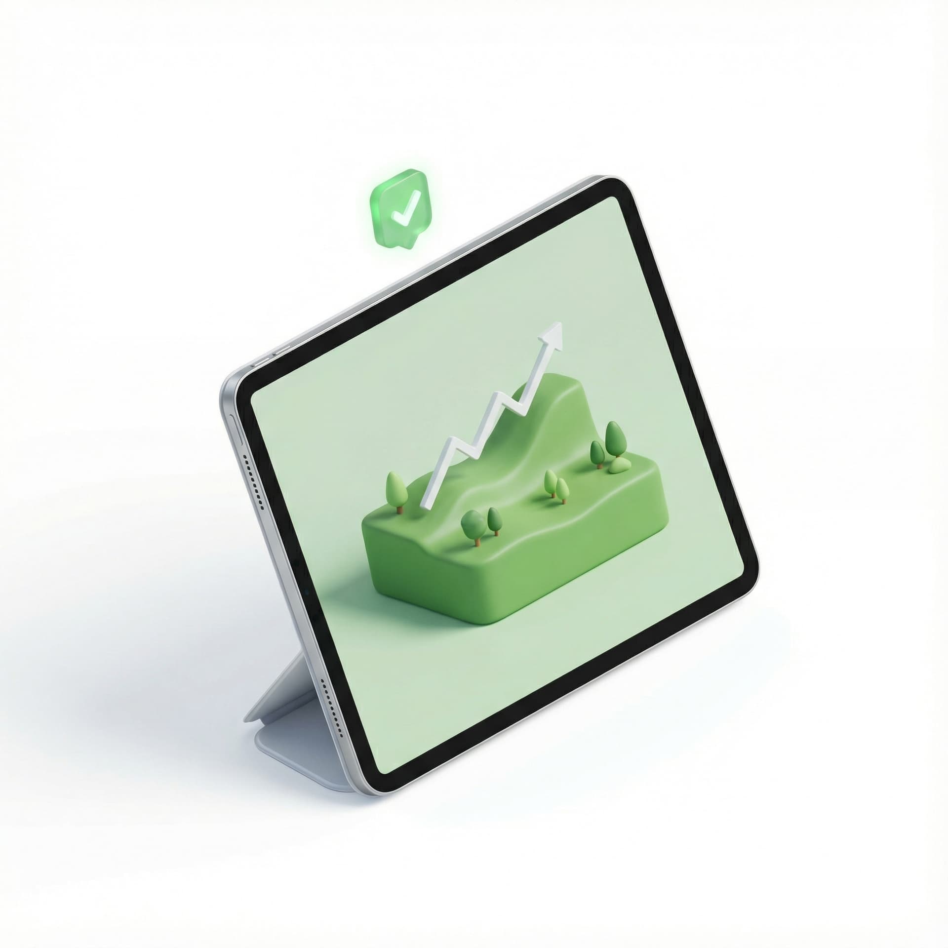 Realistic 3D miniature icon of an open tablet or dashboard screen displaying simple ecological indicators (tiny trees, terrain shapes, trend line). A small glowing checkmark floats above it to symbolize confident, science-backed decisions. Smooth rounded forms, soft lighting, realistic textures, Airbnb/Apple-style rendering, white background.