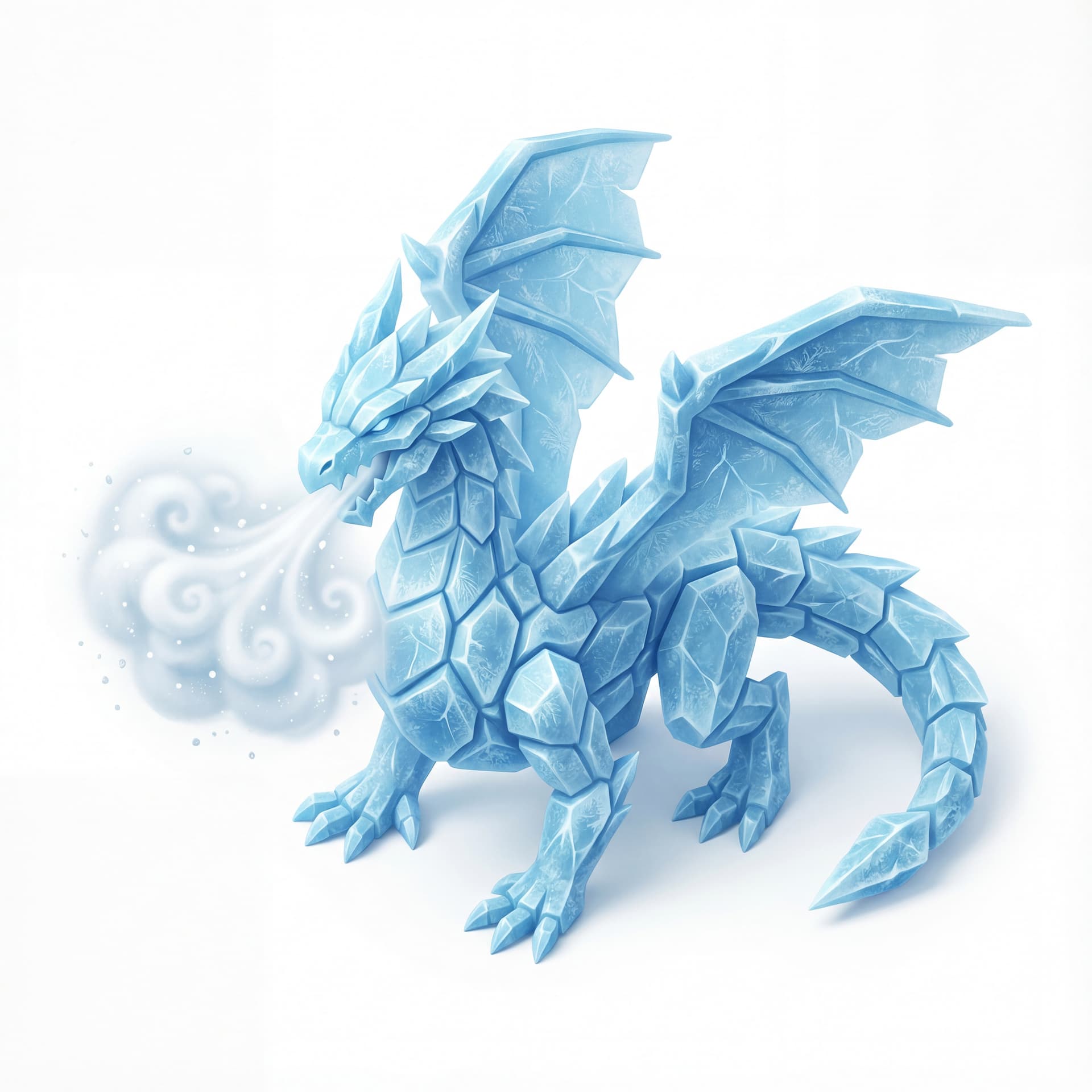 An isometric dragon with glacier-blue shard plates and ice fracture marks breathing a white cold aura symbolizing stillness.