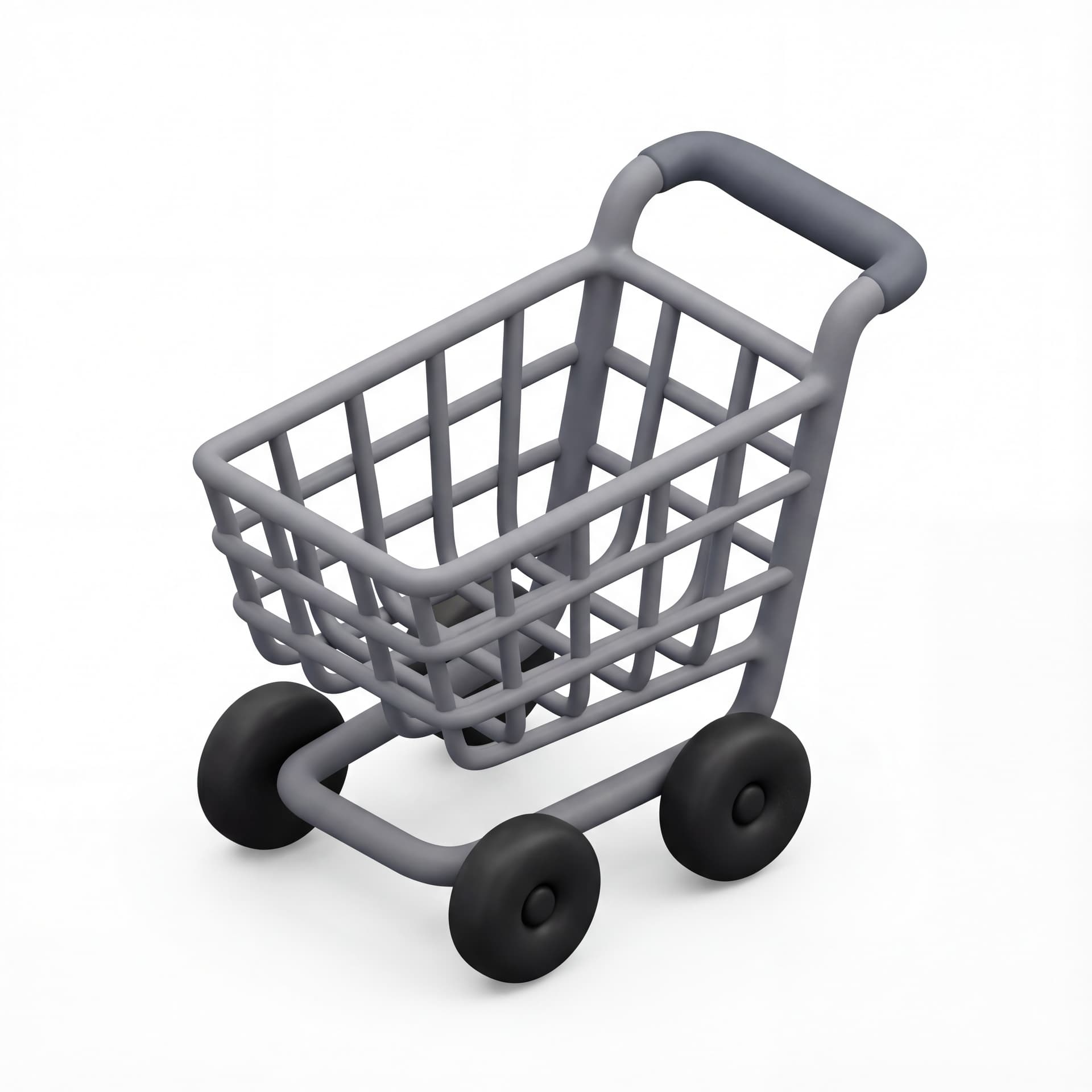 Shopping cart mini dengan style 3D clay ultra matte bentuk membulat dengan keranjang kawat disederhanakan handle tebal dan dua roda puffy detail ditekan tanpa tekstur tanpa logo kamera 3/4 view dari kiri dengan slight top down rotated sekitar 30 derajat komposisi center shading halus dan bayangan kontak tipis