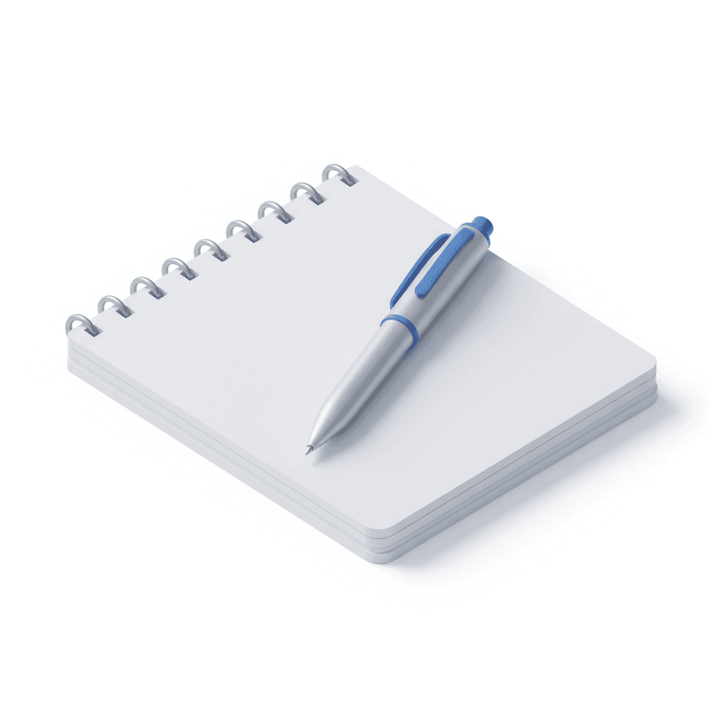 kertas catatan putih cerah, beserta pulpen. aesthetic icon