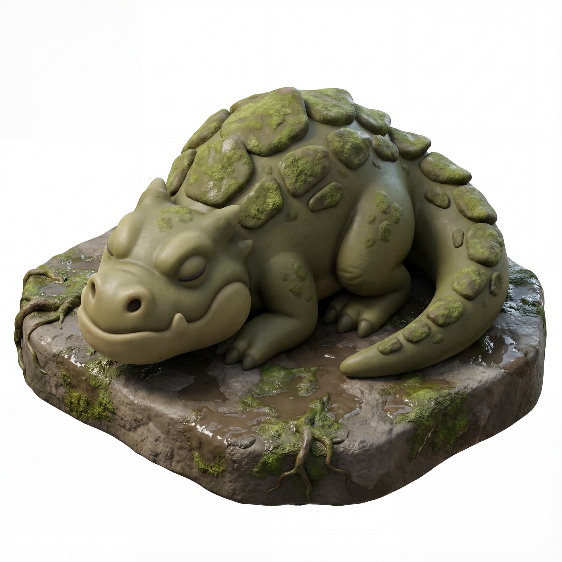 A 3D isometric swamp dragon with moss-covered back plates, muted olive coloring, and big rounded snout resting on a muddy stone base.