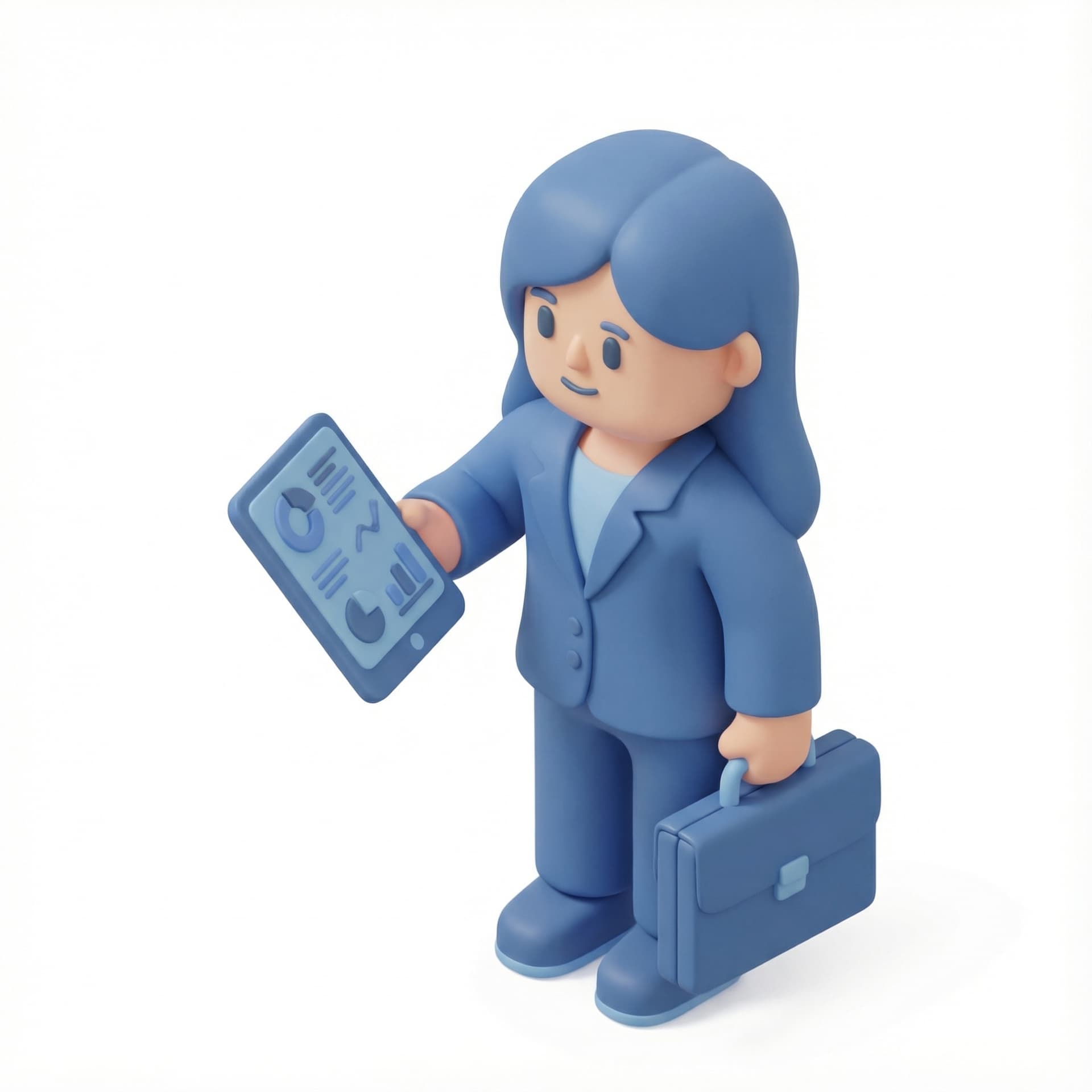 change the hoodie with suites, remove the headphone, change the backpack with suite case, add ipad for accessories, keep the primary color blue and use the same style for the face