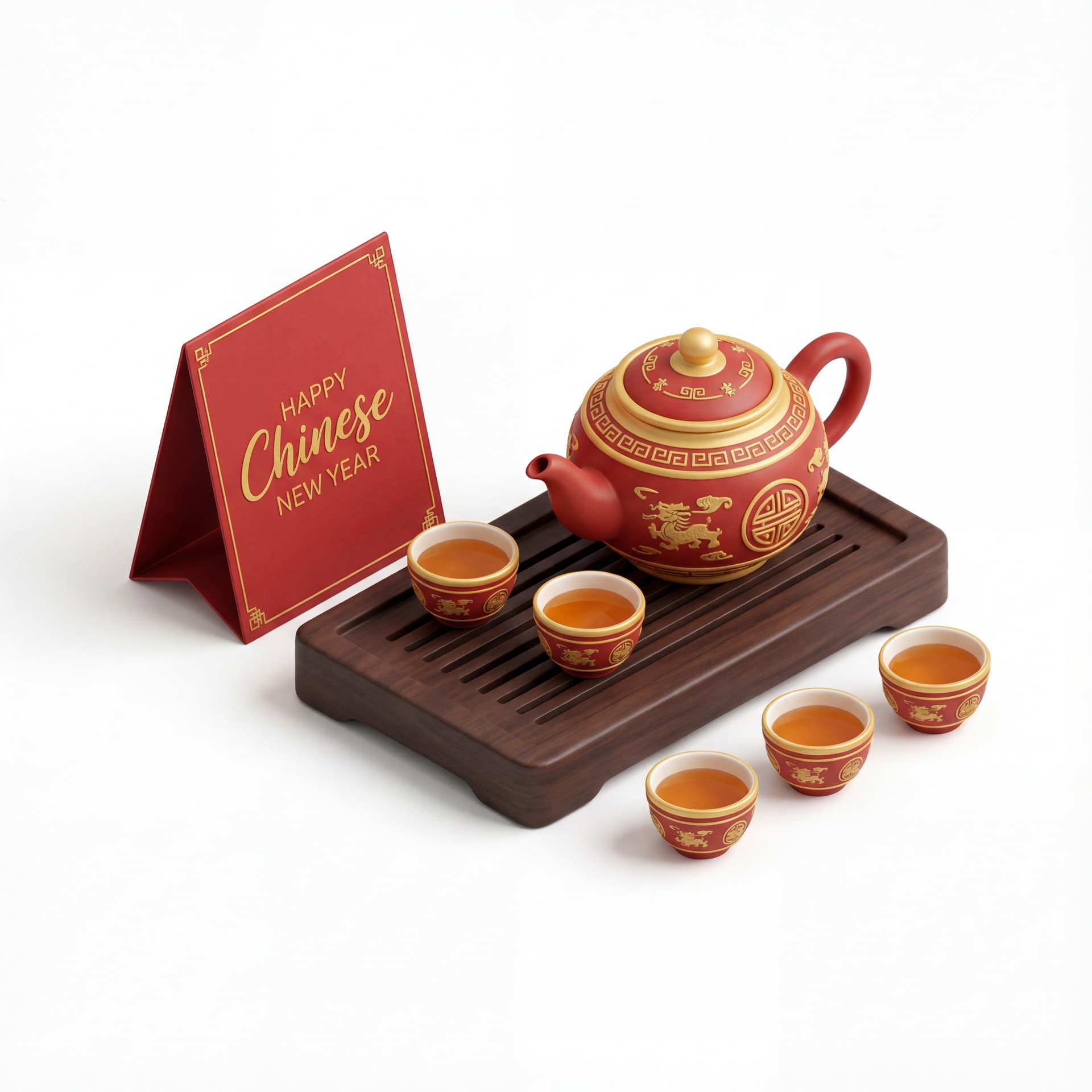 A full-body portrait of a ceremonial tea set arranged neatly, with “Happy Chinese New Year” displayed on a standing greeting card placed beside the items, isolated on a white background.