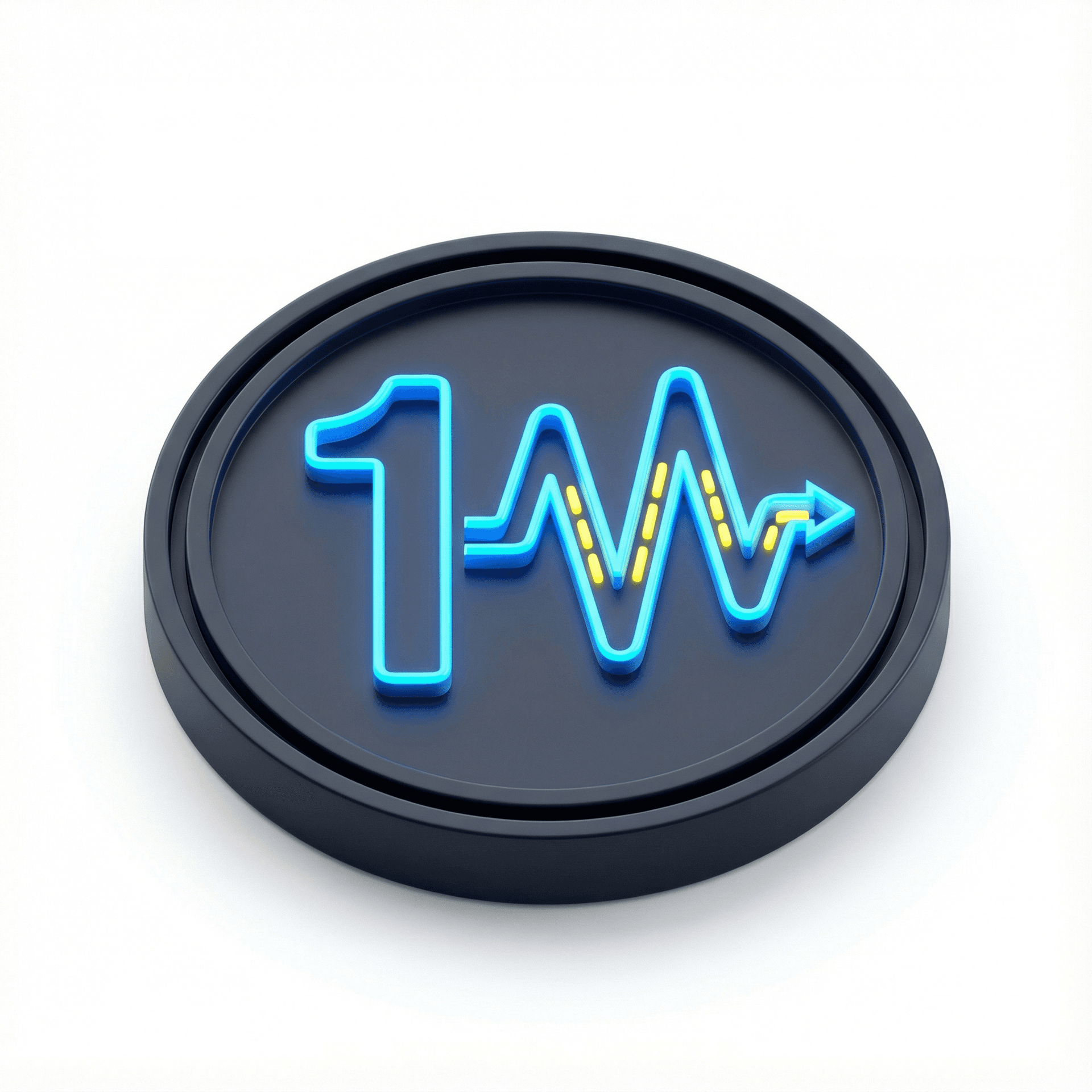 A minimalist vector logo design for a YouTube channel profile picture. The focal point is a stylized "1M". The number "1" is bold and solid. The letter "M" is transformed into a stylized data pulse wave or a fast heartbeat line, indicating speed and science. Colors: Neon electric blue and bright yellow accents on a solid dark charcoal background. Clean lines, modern tech aesthetic, highly legible at small sizes. Enclosed within a perfect circle container. Flat design. --ar 1:1