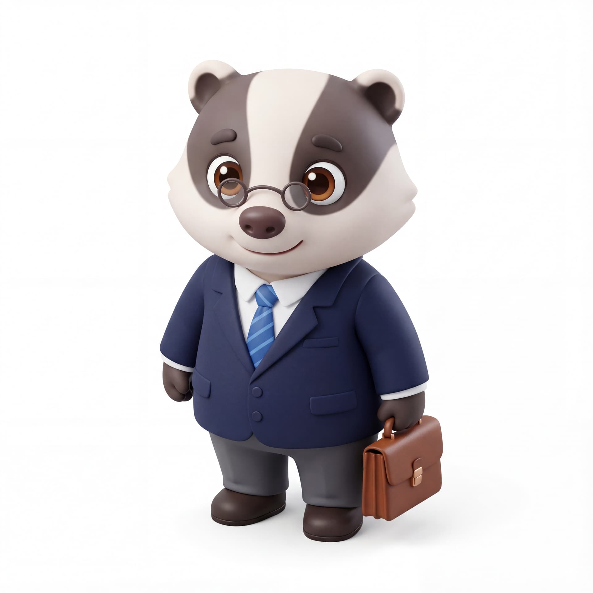 A cute cartoon badger mascot character dressed as a legal consultant, wearing formal business attire, full body, front-facing, rounded proportions, big expressive eyes, soft shading, serious but approachable smile, centered composition, isolated on a white background.