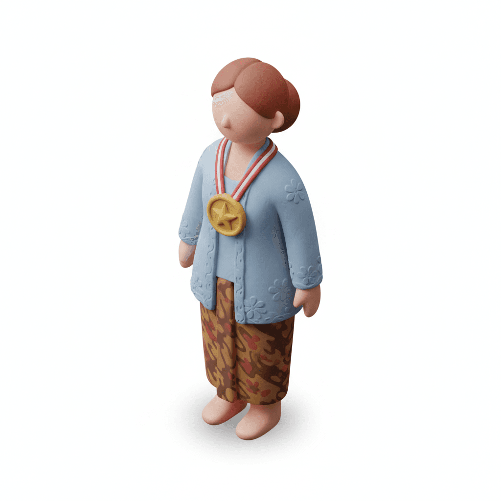 isometric clay icon of a female character in kebaya with medal on chest