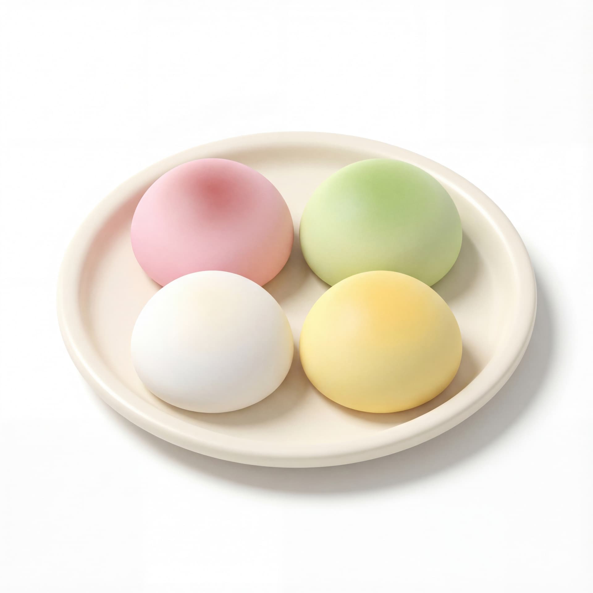 A cartoon mochi pieces placed evenly on a plate, plump rounded shapes, smooth surfaces, gentle gradients.