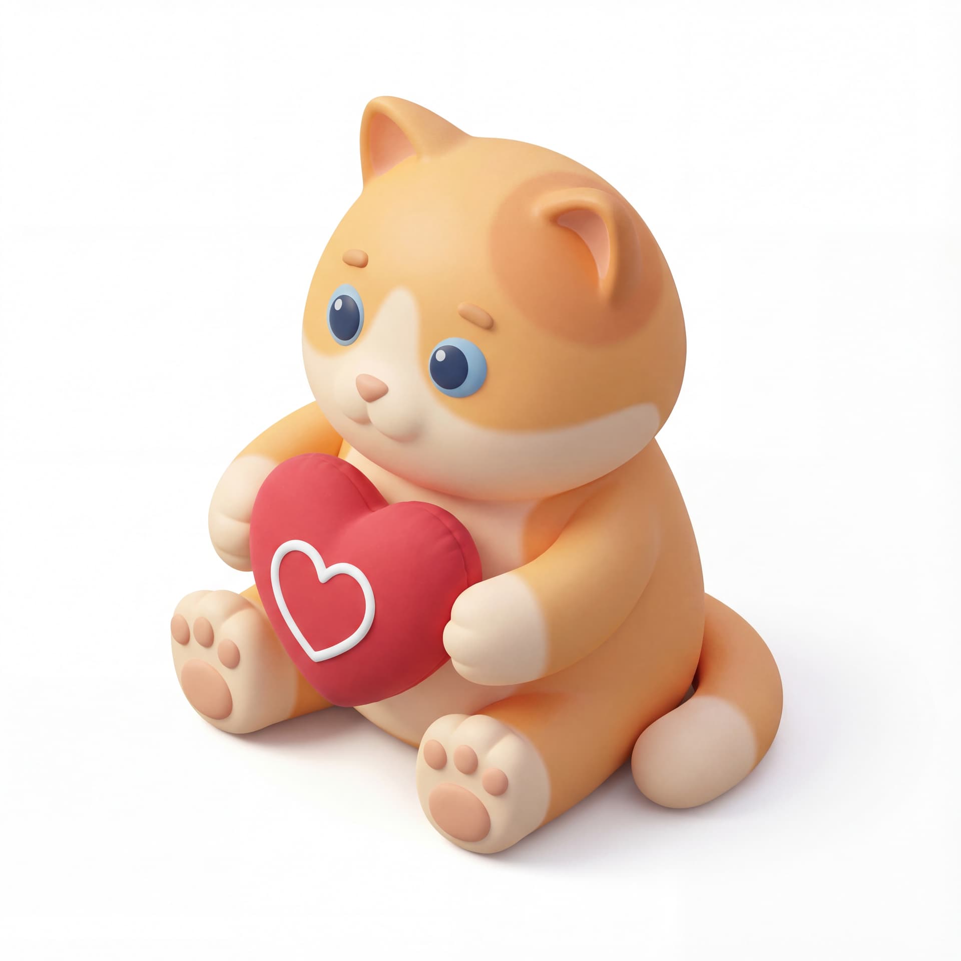 A cute cartoon cat character sitting upright and holding a heart-shaped pillow, full body, front-facing, rounded proportions, isolated on a white background.