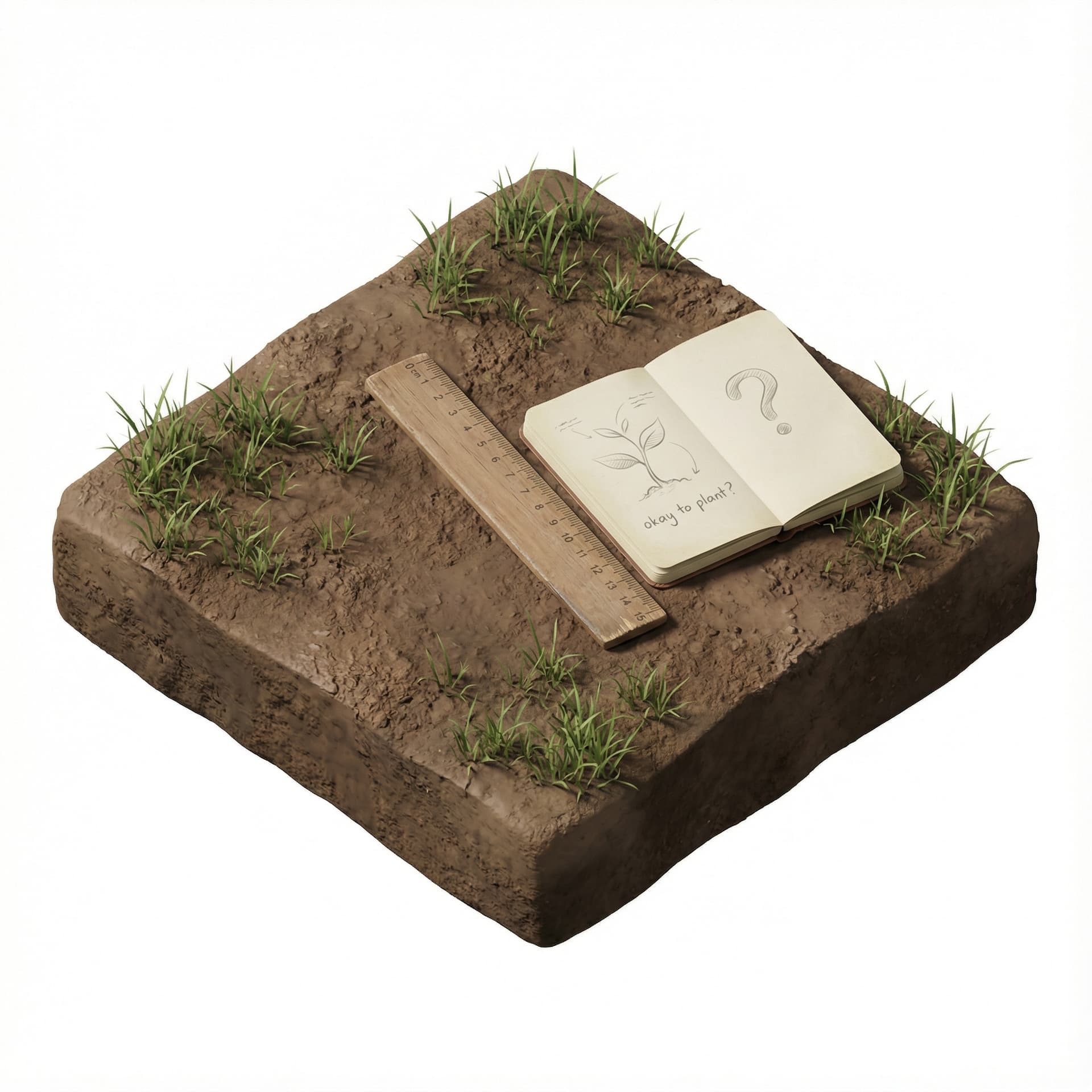 Isometric soil tile with sparse grass and slightly degraded surface. On top, place a simple wooden ruler and a field notebook with a few sketch lines indicating “okay to plant?” Manual inspection only, low-tech. Clean white background, realistic.