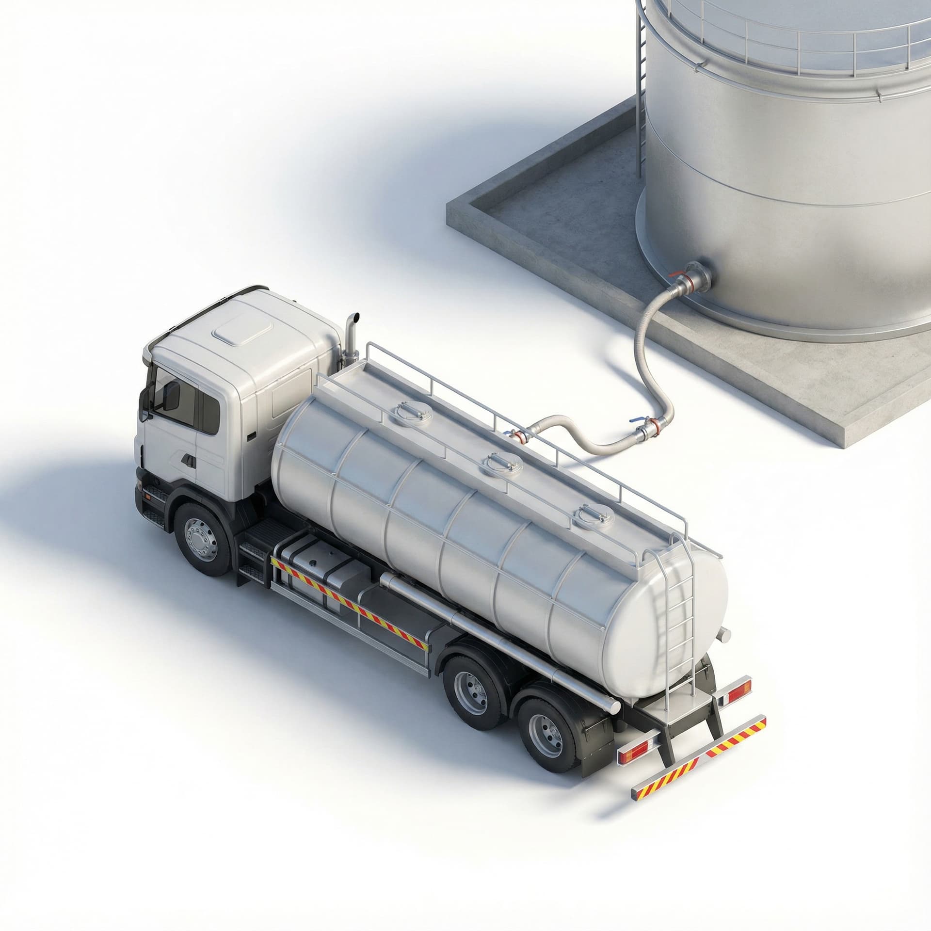 Isometric industrial icon of a chemical tanker truck transferring liquid into a storage tank