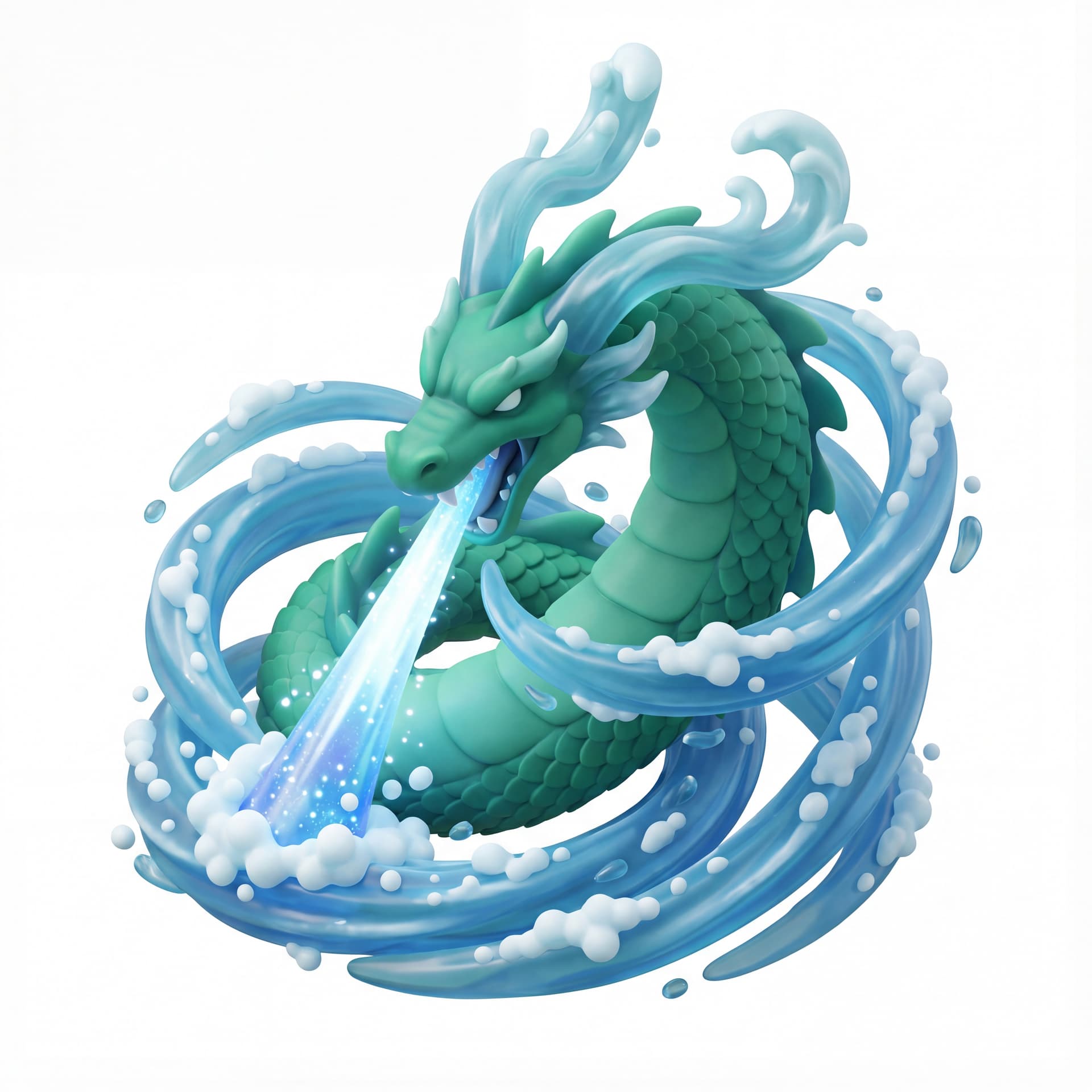 An isometric water dragon with emerald-green scales and flowing wave-shaped horns roaring downward while firing a beam, wrapped in spiraling water currents and floating foam particles.