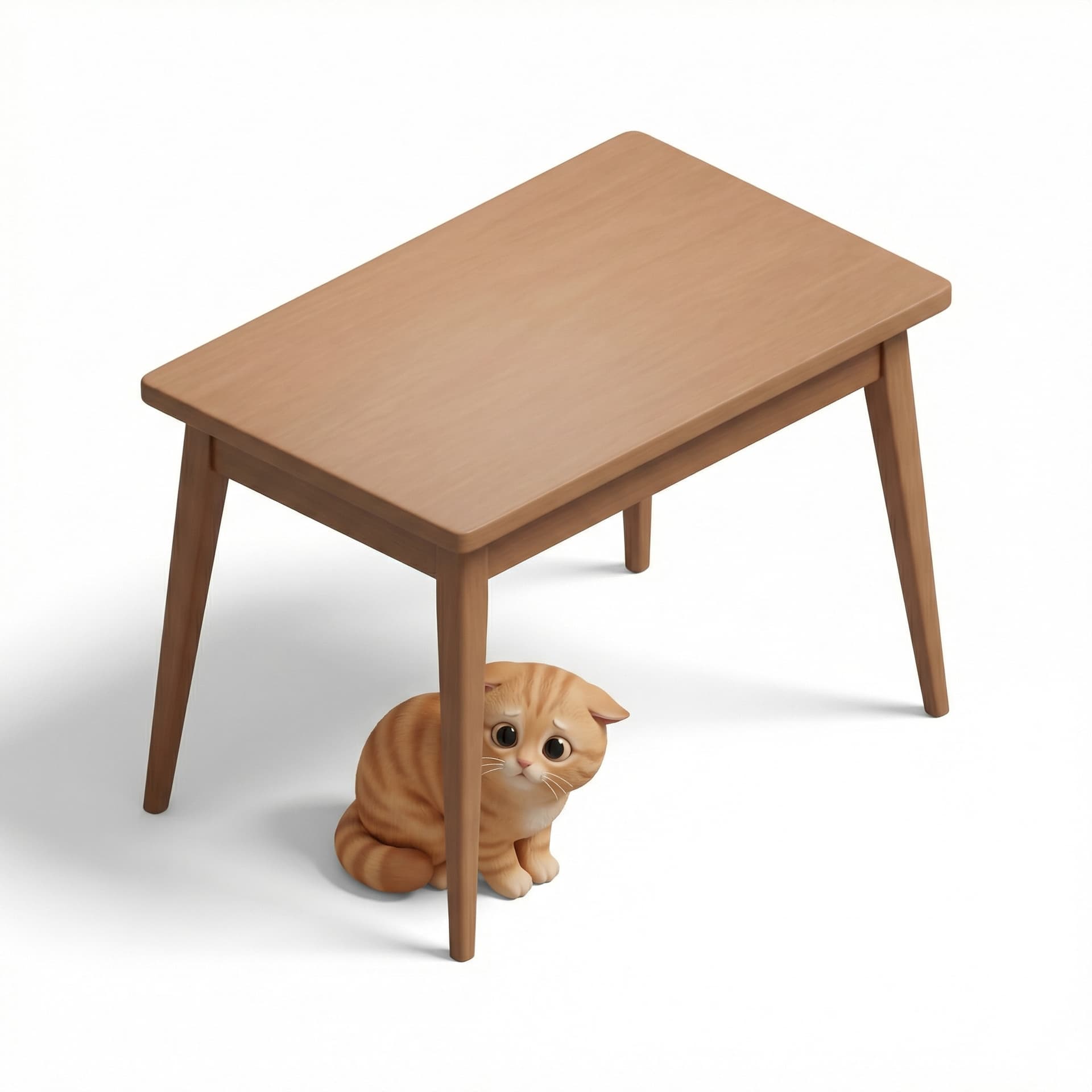 a cat under a table looking cute but also scared