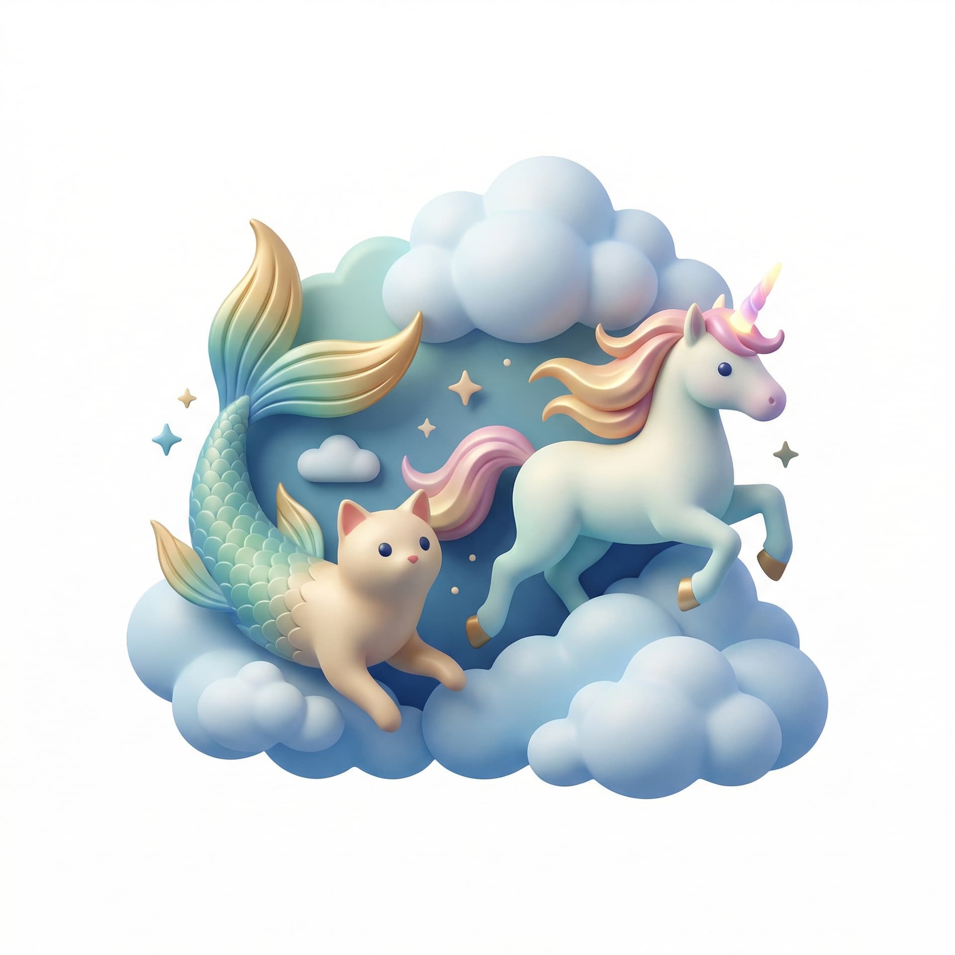 a marmaid cat swiming through the sky with her magical unicorn