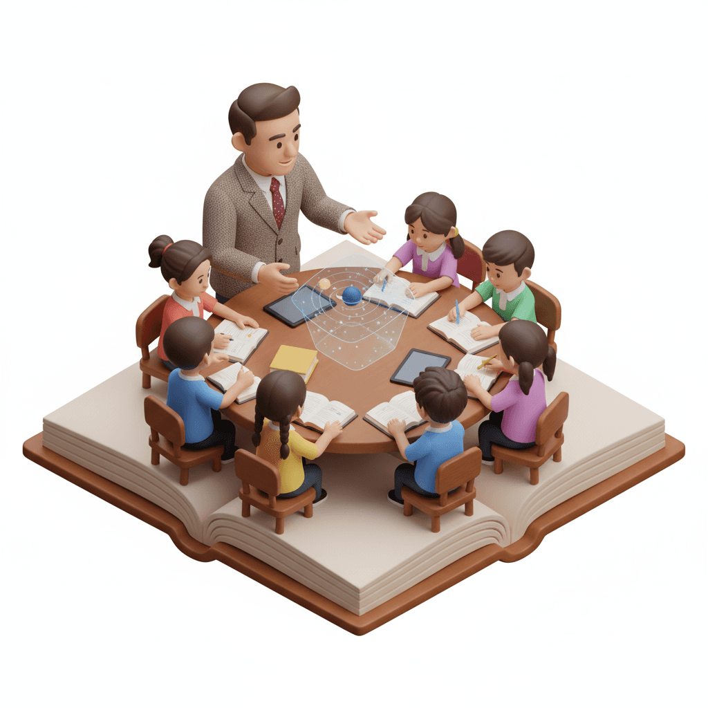 Teacher man an many students study together