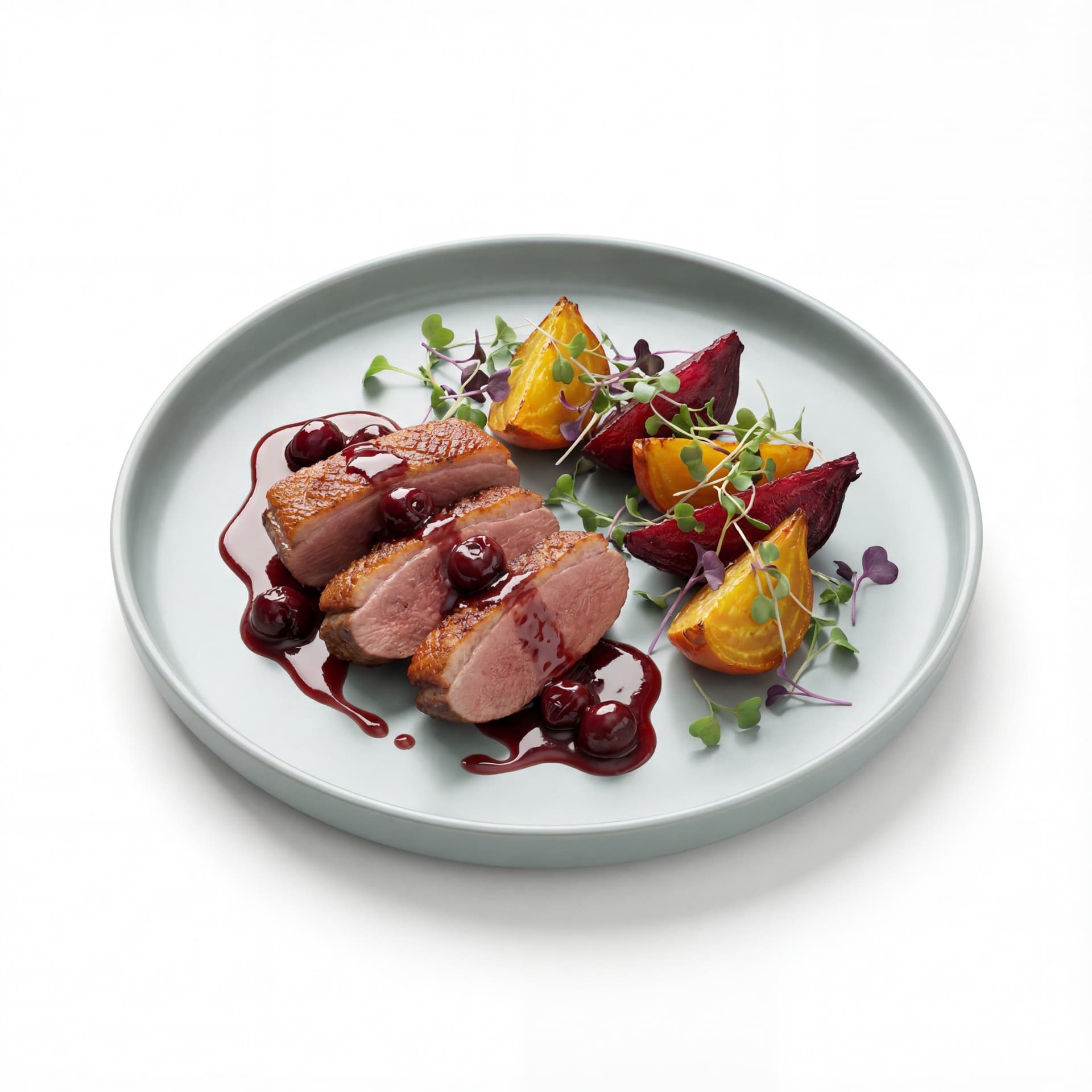 A cartoon round plate featuring duck breast slices, glossy cherry reduction, roasted beet wedges, and microgreens.
