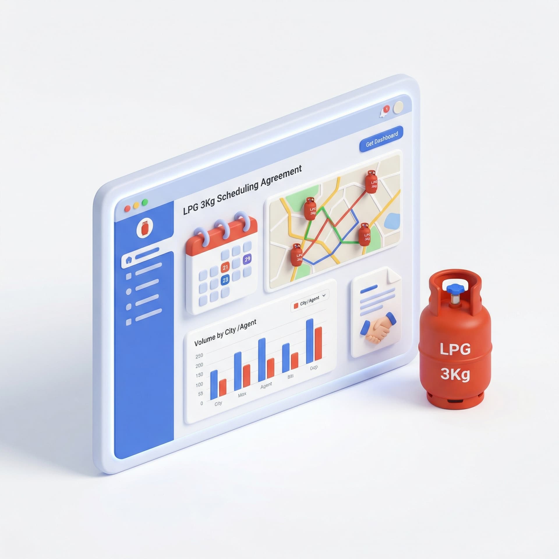 buatkan logo, menghadap ke depan dengan deskripsi sebagai berikut:

Aplikasi Web SA LPG 3Kg
Aplikasi Scheduling Agreement LPG 3 Kg berfungsi sebagai sistem untuk mengatur, memonitor, dan mengendalikan jadwal pengadaan dan penyaluran LPG 3 Kg berdasarkan kontrak atau scheduling agreement yang telah disepakati. Aplikasi ini memastikan volume per-kota/kabupaten serta per-Agen untuk distribusi LPG 3 Kg sesuai dengan perencanaan dan ketentuan yang berlaku.