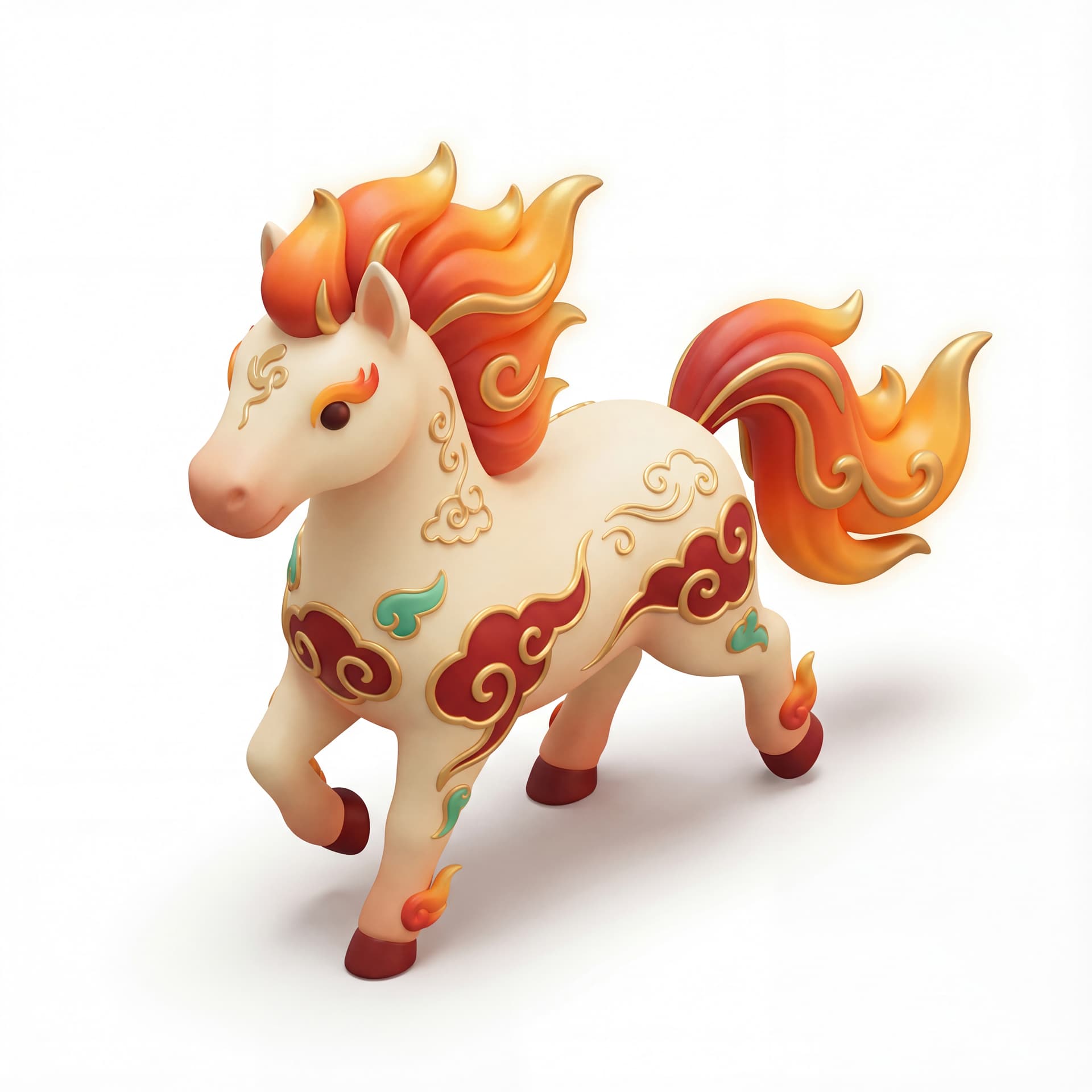 A cute cartoon horse inspired by traditional Chinese design, shown trotting lightly, mane and tail formed with rounded flame motifs, small decorative swirl accents on the body, isolated on a white background.