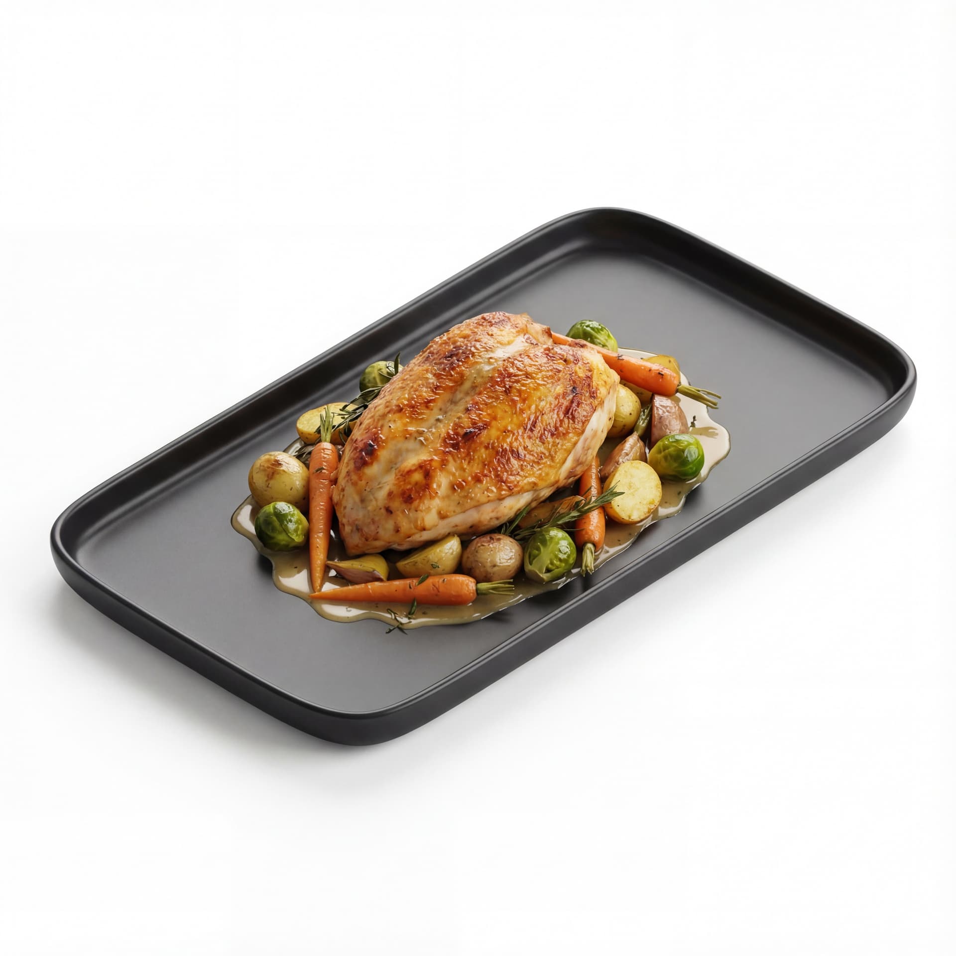 A dark rectangular plate featuring roasted chicken breast, golden crispy skin, seasonal vegetables, and light chicken jus.