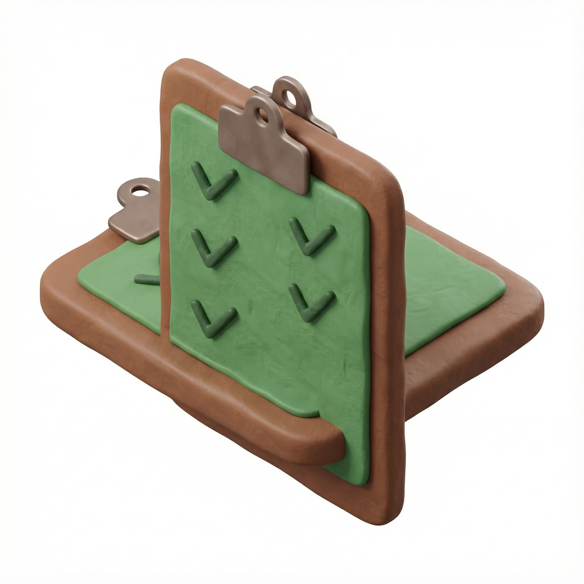 A 3D isometric clay-style icon of a clipboard with a green paper sheet and checkmarks