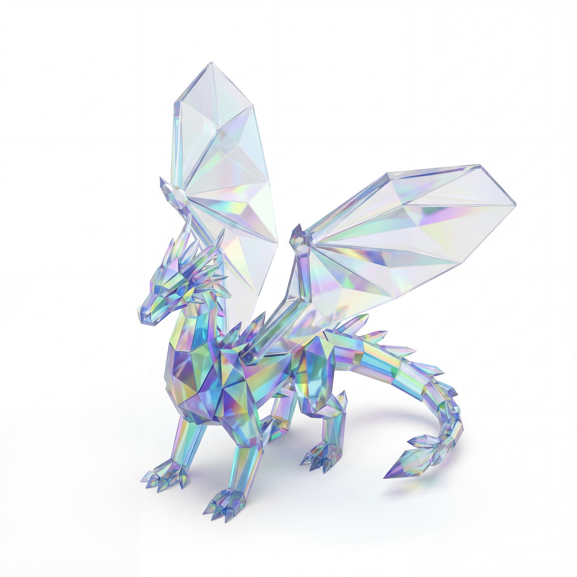 A 3D isometric crystal dragon built from shining prism-like facets, wings made of translucent polygons that refract colorful light.