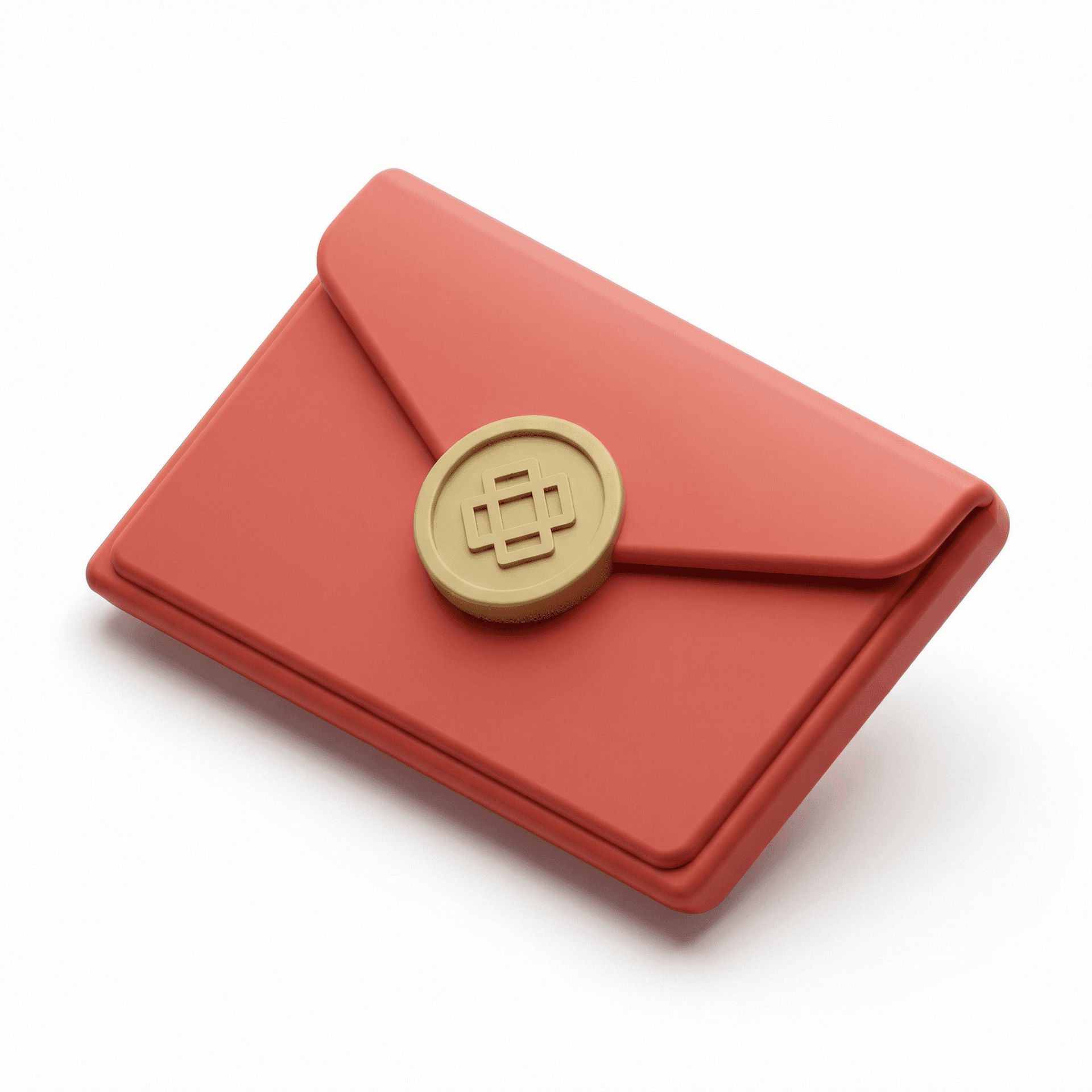Create an original 3D-rendered red envelope inspired by Lunar New Year traditions, designed in a modern, minimal style suitable for a fintech UI seasonal theme.

Envelope form:

Rectangular envelope with softly rounded edges

Slightly thicker, premium feel (not paper-thin)

Front flap closed with clean, simple geometry

Subtle beveling on edges for a refined 3D look

Color & material:

Main body in a deep coral red (slightly lighter than traditional red)

Matte or soft satin finish

Avoid glossy plastic look

Front emblem (important):

Use a simple circular or oval seal in muted gold

Seal should contain an abstract geometric symbol or stylized shape, NOT Chinese characters

No text, no calligraphy, no numbers, no symbols of luck

Decorative border can use simple geometric lines, not traditional patterns

Style & mood:

Modern, premium, restrained

Elegant and festive but not decorative-heavy

Suitable for a fintech admin login or dashboard background

Lighting & rendering:

Soft studio lighting

Gentle shadow beneath the envelope

Realistic but slightly stylized 3D render

Composition:

Three-quarter view (slightly angled, not flat)

Centered

Isolated

Transparent background

Restrictions:

No logos or branding