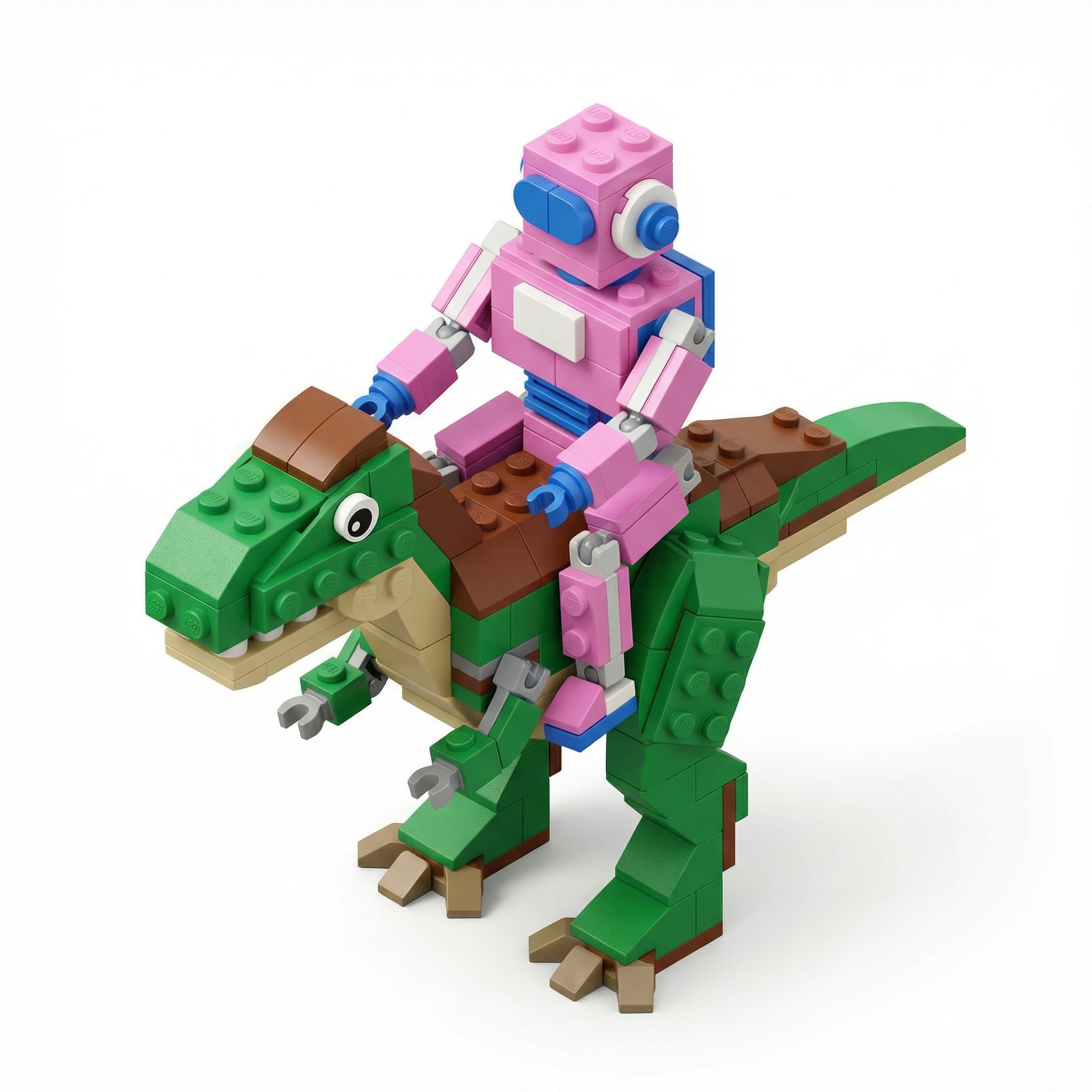 a pink robot riding a dinasour in lego style