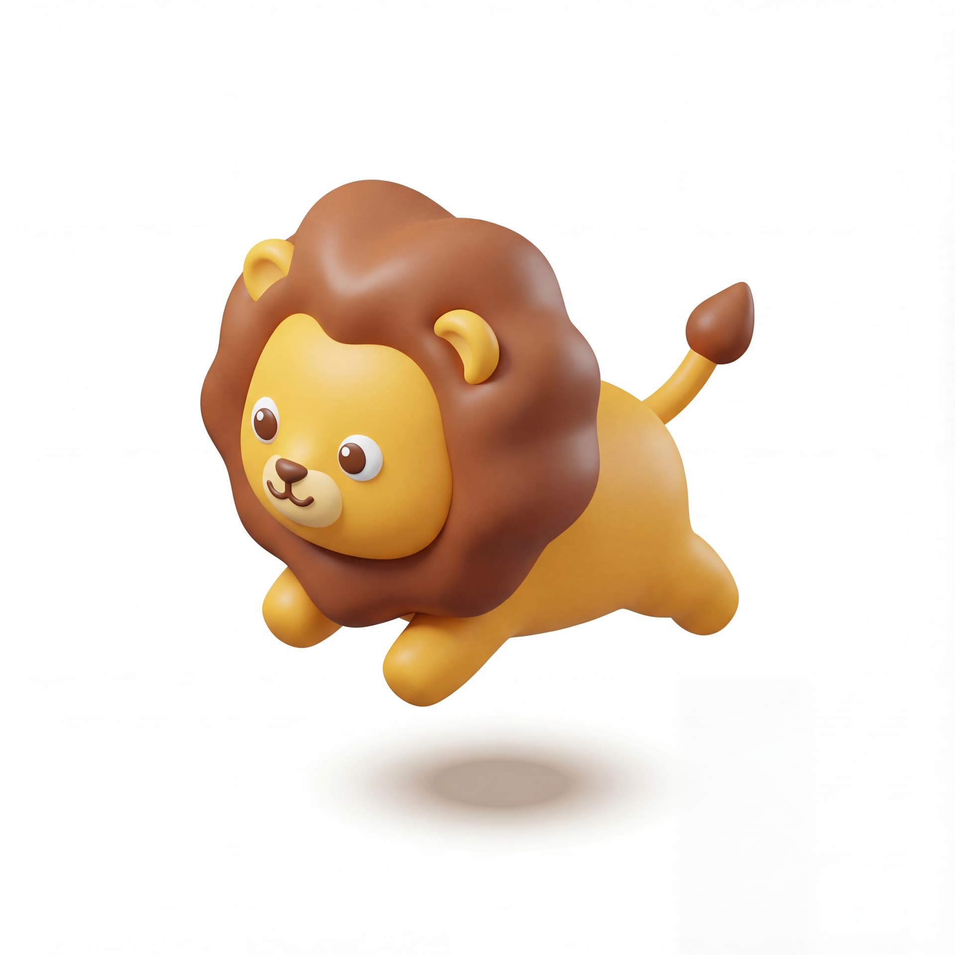 An isometric cute cartoon lion doing a small hop and landing softly, mane bobbing with squash-and-stretch motion.